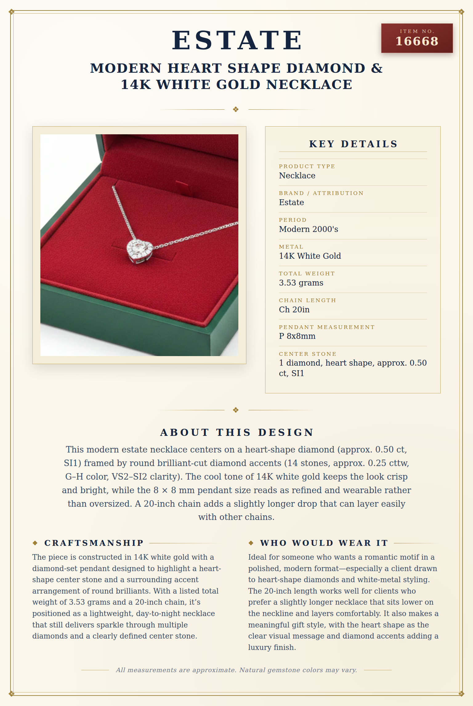 Modern Heart Shape Diamond & 14K White Gold Necklace — anatomy card