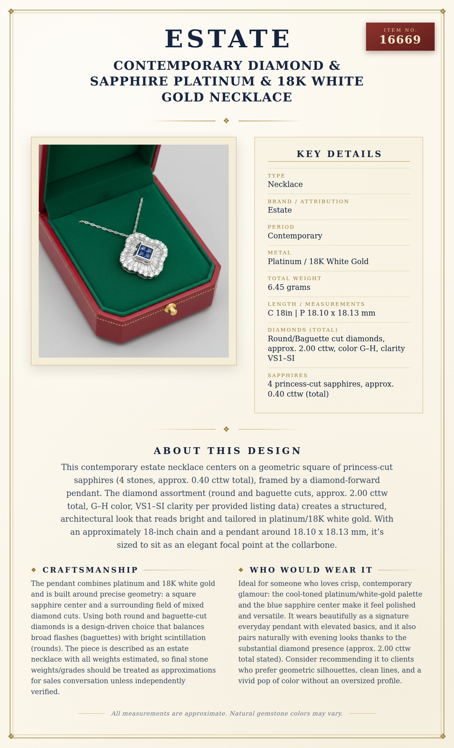 Contemporary Diamond & Sapphire Platinum & 18K White Gold Necklace — anatomy card