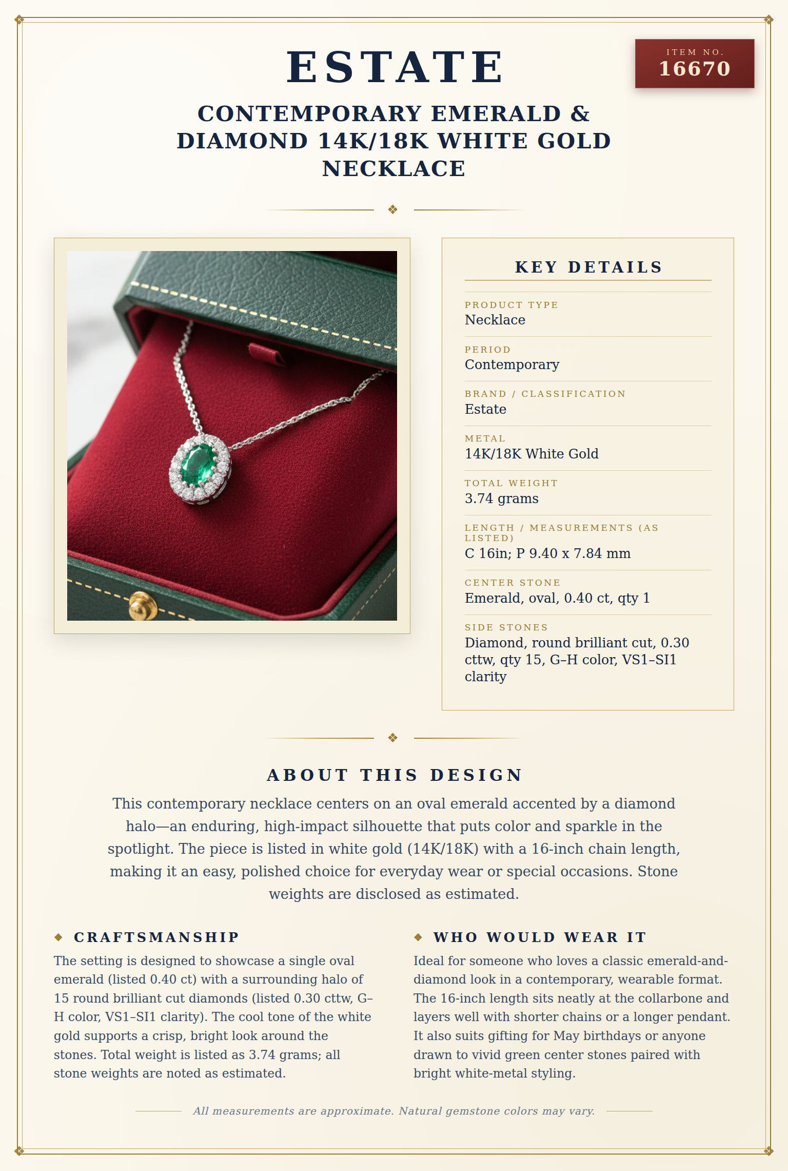 Contemporary Emerald & Diamond 14K/18K White Gold Necklace — anatomy card