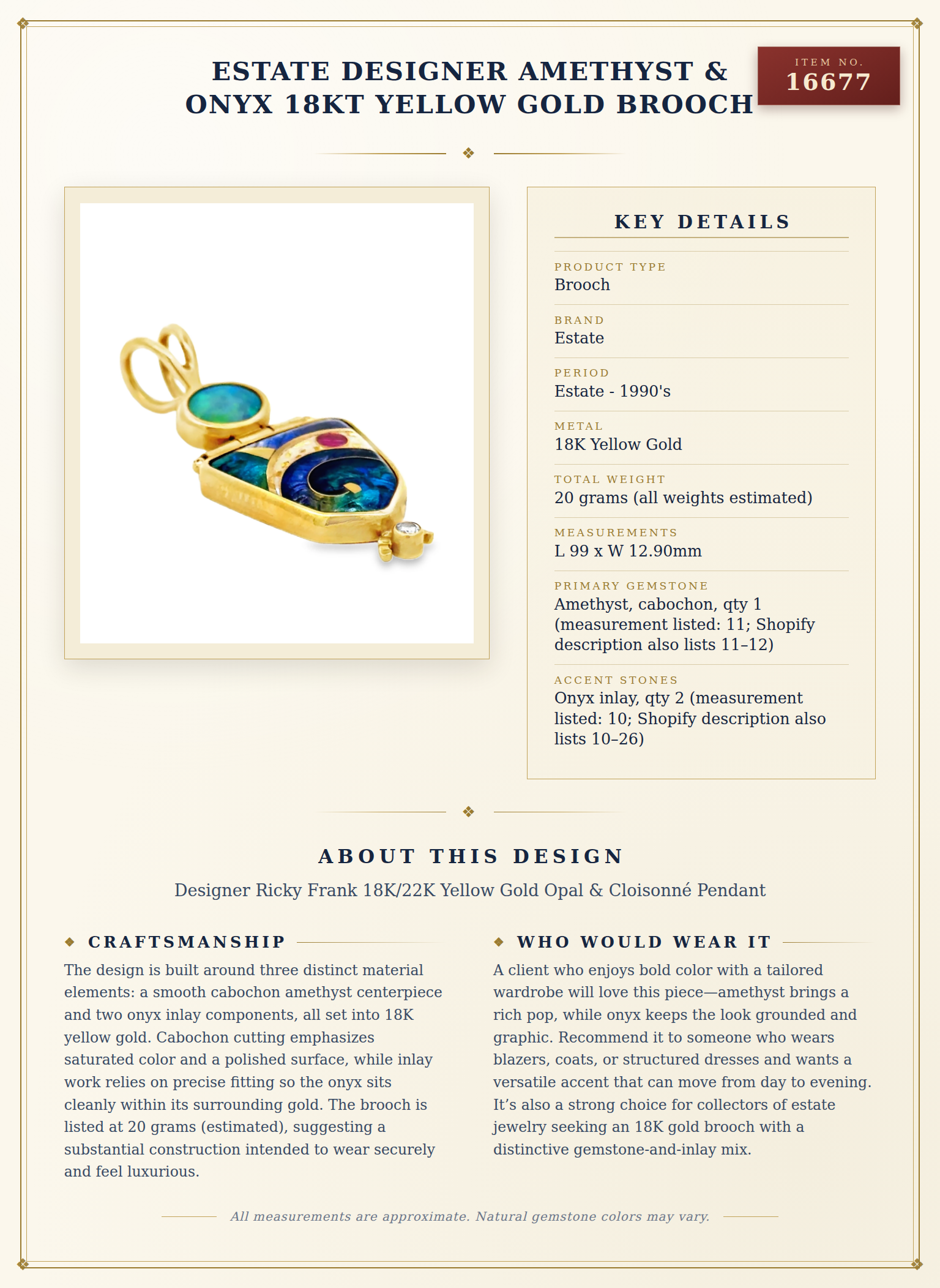 Estate Designer Amethyst & Onyx 18Kt Yellow Gold Brooch — anatomy card