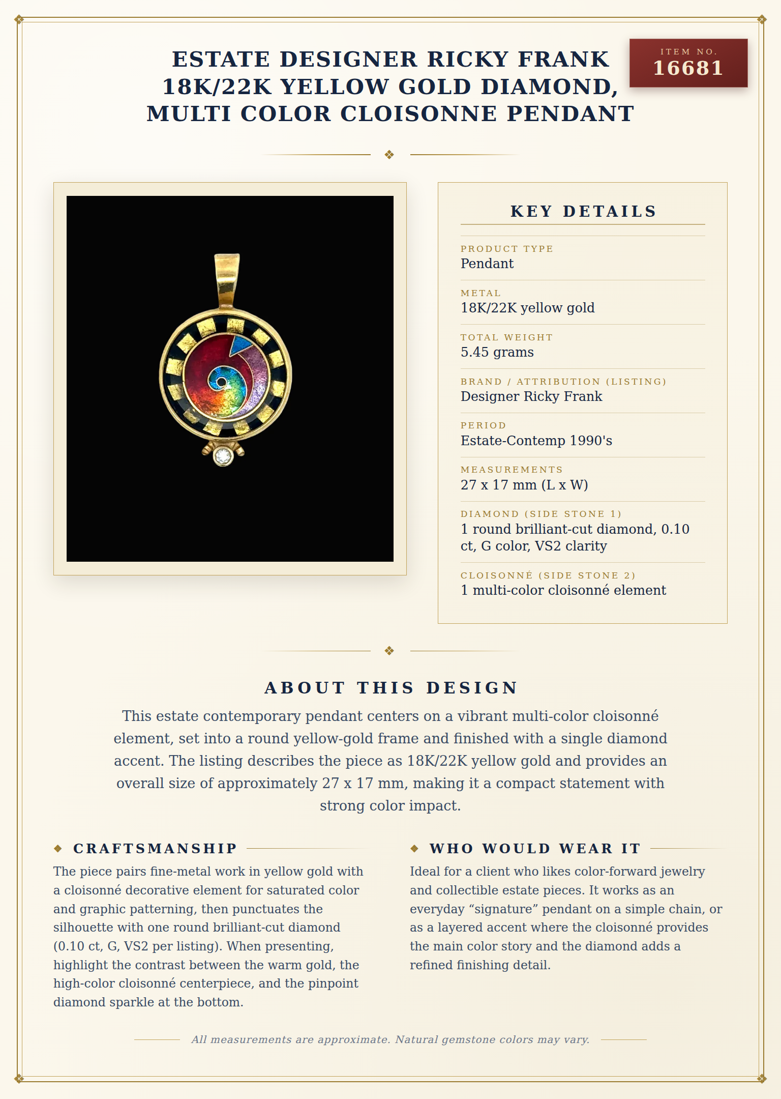 Estate Designer Ricky Frank 18K/22K Yellow Gold Diamond, Multi Color Cloisonne Pendant — anatomy card