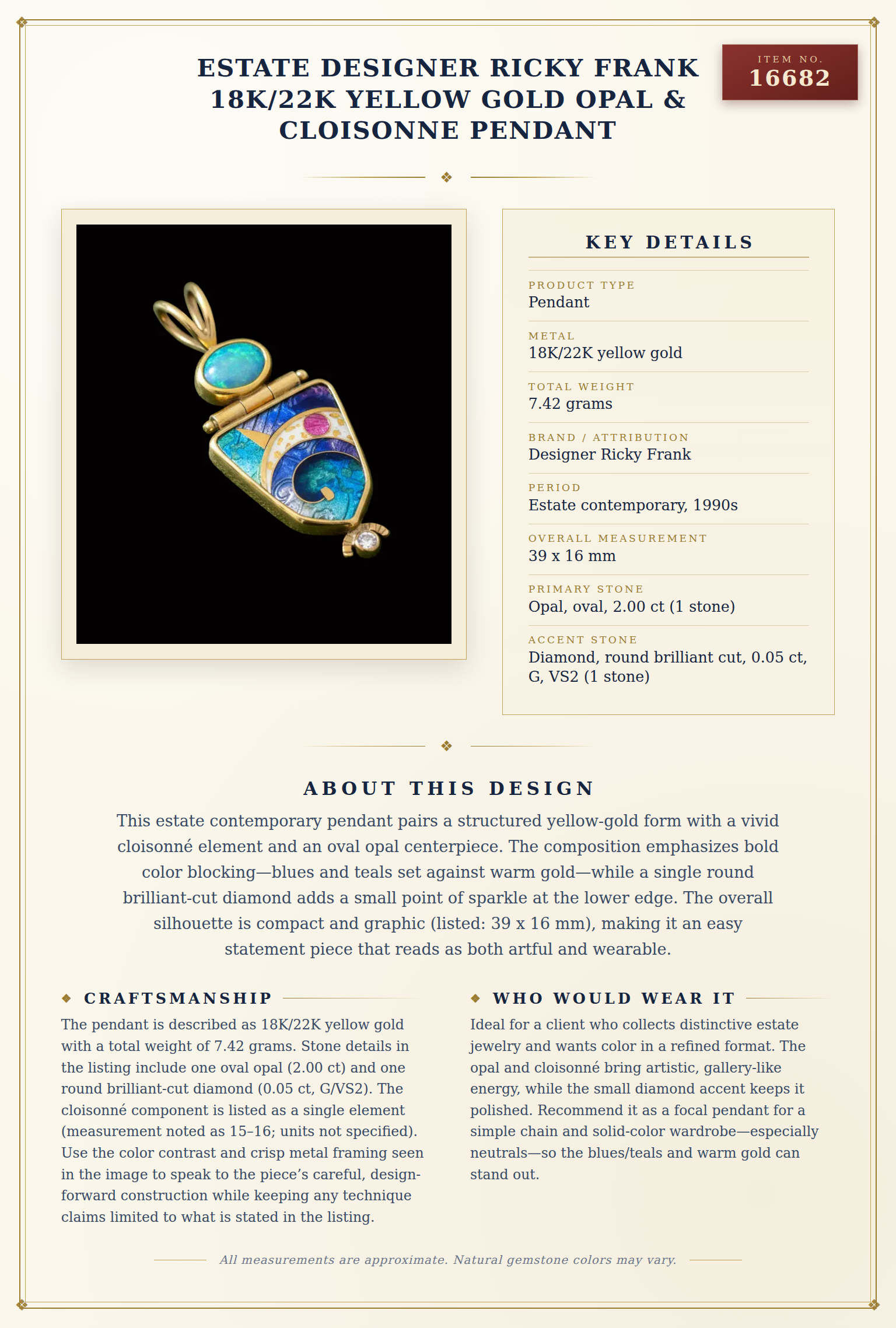 Estate Designer Ricky Frank 18K/22K Yellow Gold Opal & Cloisonne Pendant — anatomy card