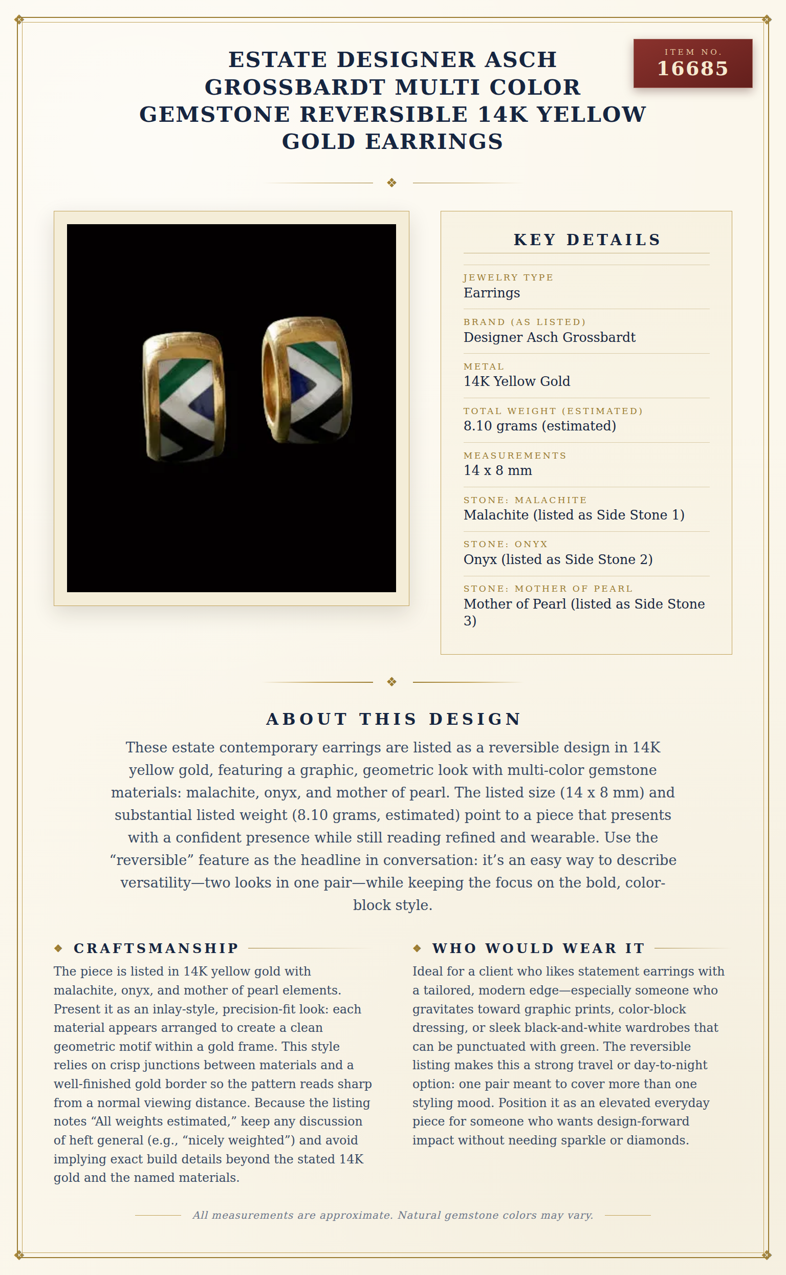 Estate Designer Asch Grossbardt Multi Color Gemstone Reversible 14K Yellow Gold Earrings — anatomy card