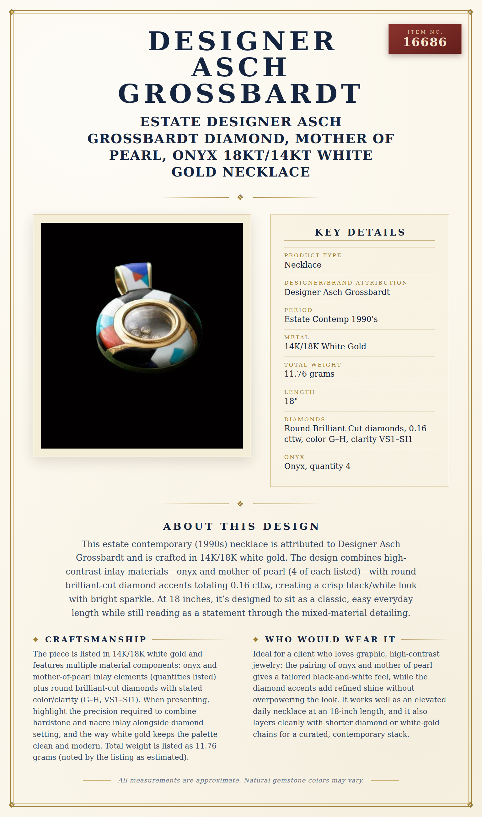 Estate Designer Asch Grossbardt Diamond, Mother of Pearl, Onyx 18Kt/14Kt White Gold Necklace — anatomy card