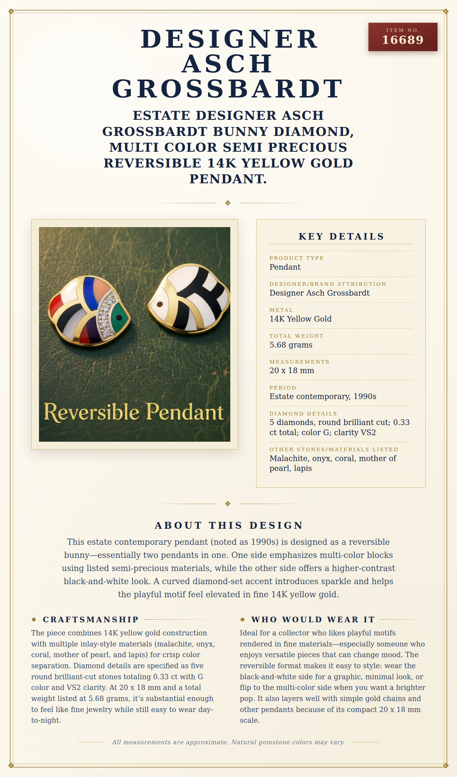 Estate Designer Asch Grossbardt Bunny Diamond, Multi Color Semi Precious Reversible 14K Yellow Gold Pendant. — anatomy card