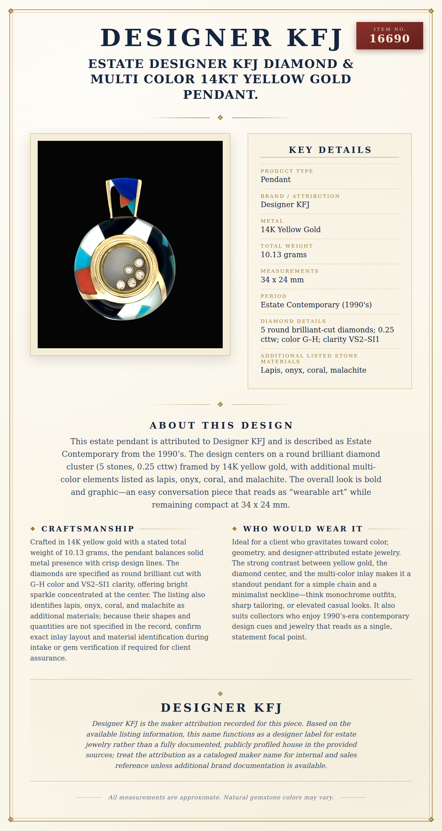 Estate Designer KFJ Diamond & Multi Color 14Kt Yellow Gold Pendant. — anatomy card