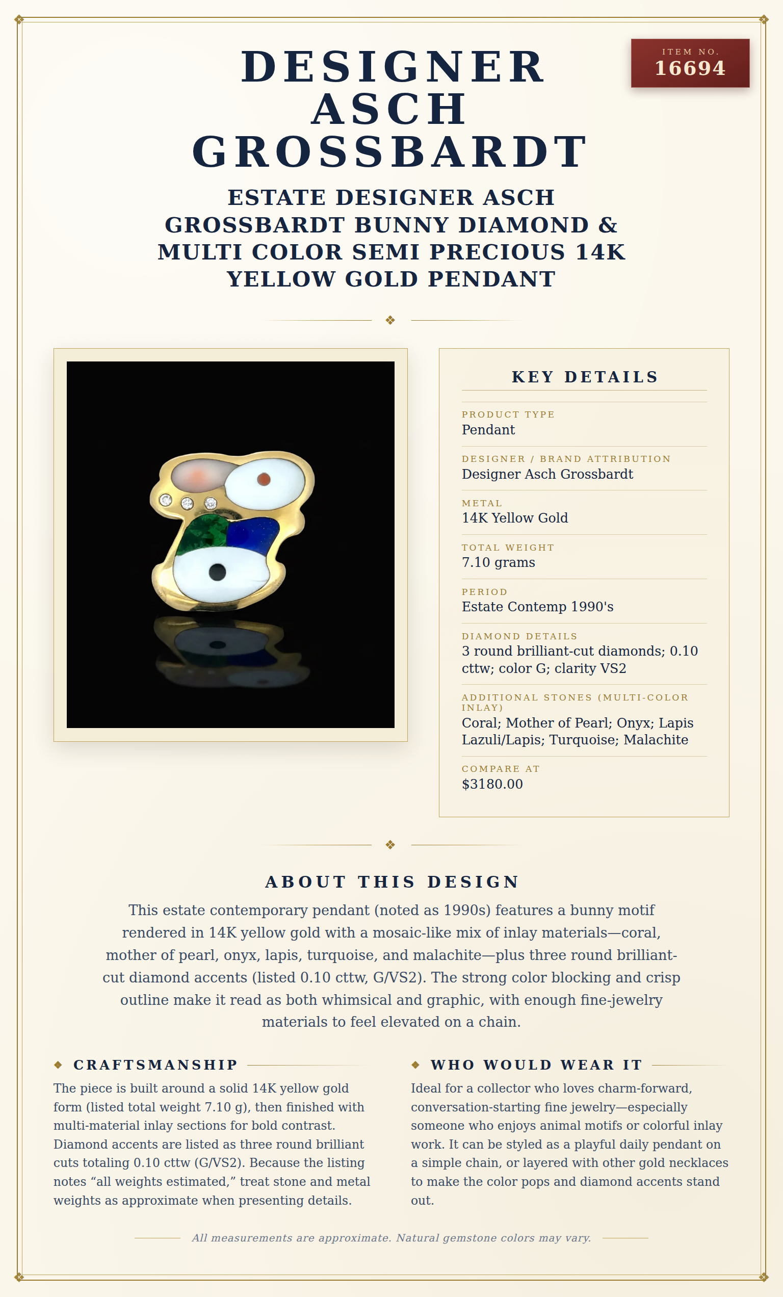 Estate Designer Asch Grossbardt Bunny Diamond & Multi Color Semi Precious 14K Yellow Gold Pendant — anatomy card