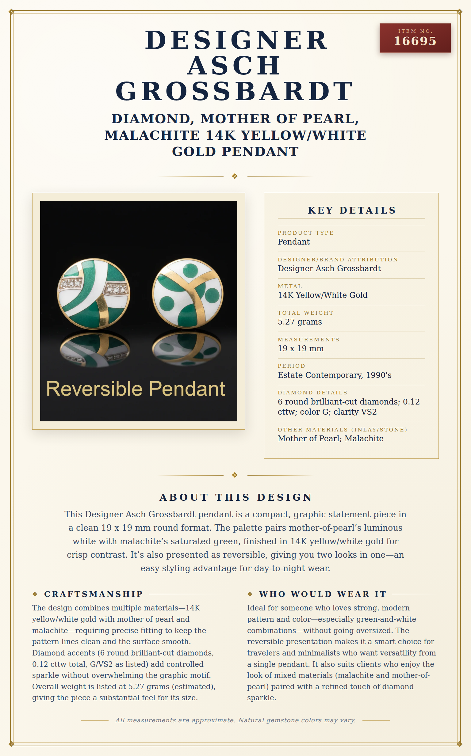 Designer Asch Grossbardt Diamond, Mother of Pearl, Malachite 14K Yellow/White Gold Pendant — anatomy card