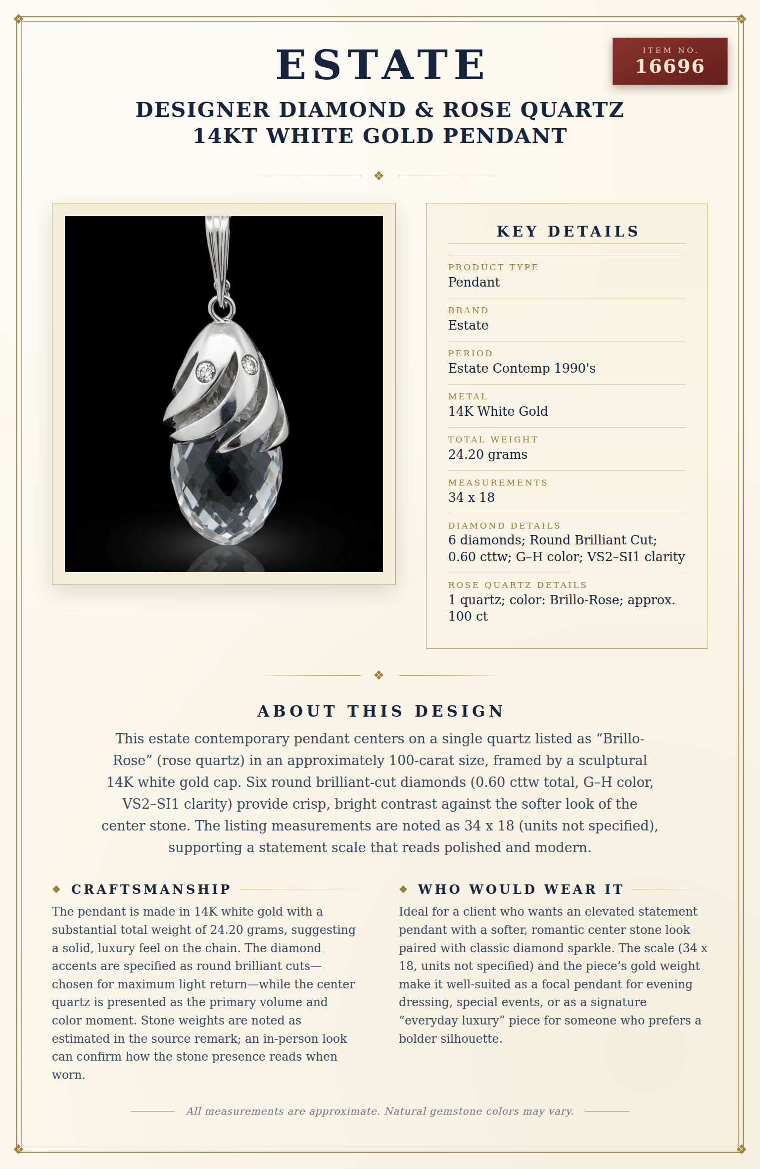 Designer Diamond & Rose Quartz 14Kt White Gold Pendant — anatomy card