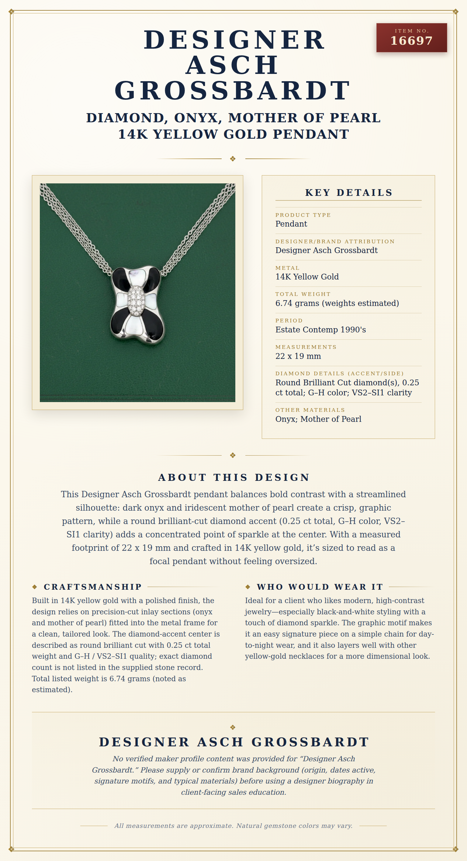 Designer Asch Grossbardt Diamond, Onyx, Mother of Pearl 14K Yellow Gold Pendant — anatomy card