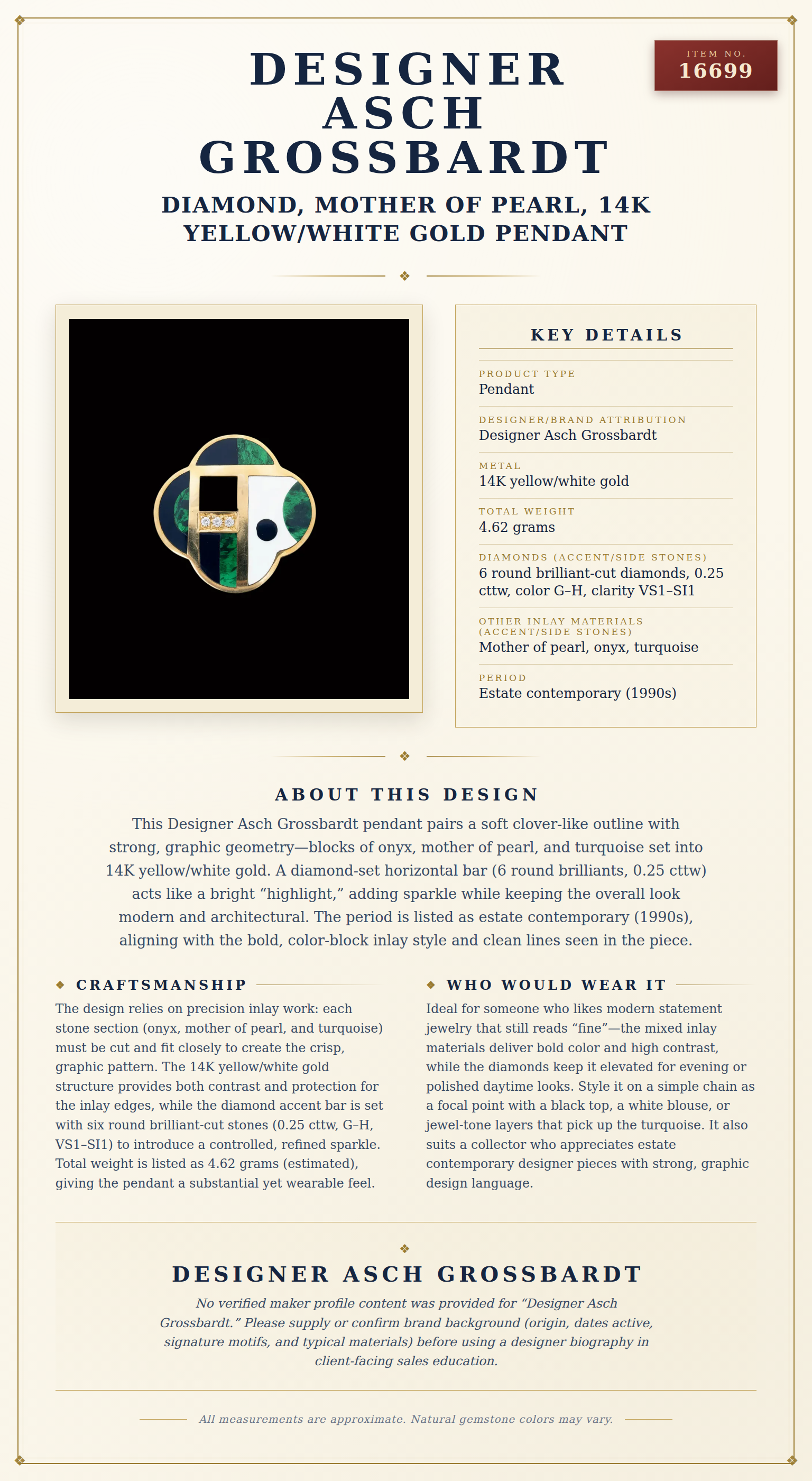 Designer Asch Grossbardt Diamond, Mother of Pearl, 14K Yellow/White Gold Pendant — anatomy card