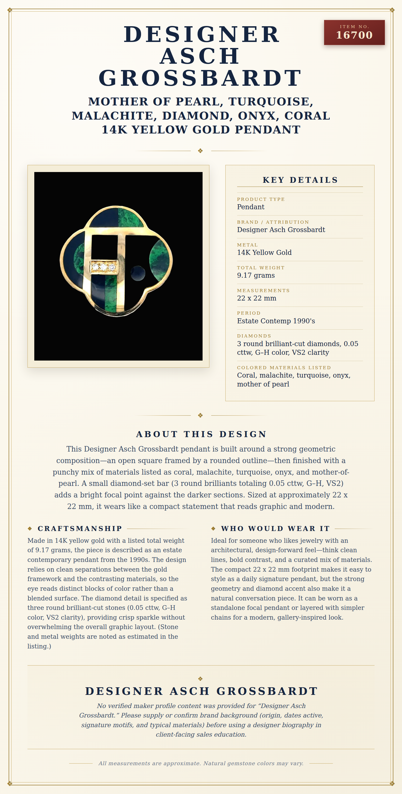 Designer Asch Grossbardt Mother of pearl, Turquoise, Malachite, Diamond, Onyx, Coral 14K Yellow Gold Pendant — anatomy card