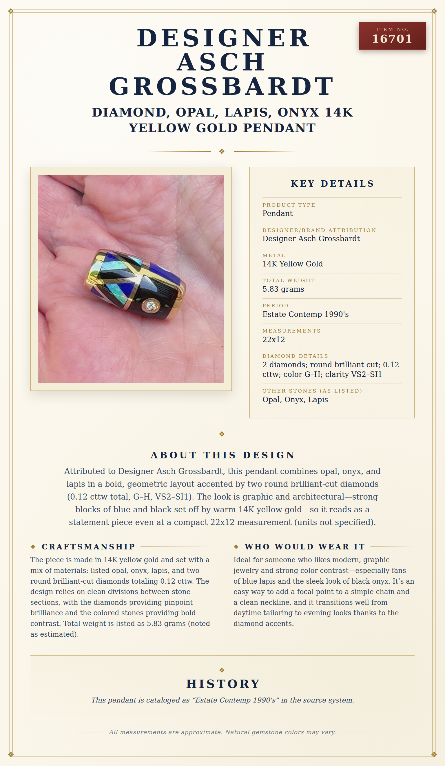 Designer Asch Grossbardt Diamond, Opal, Lapis, Onyx 14K Yellow Gold Pendant — anatomy card