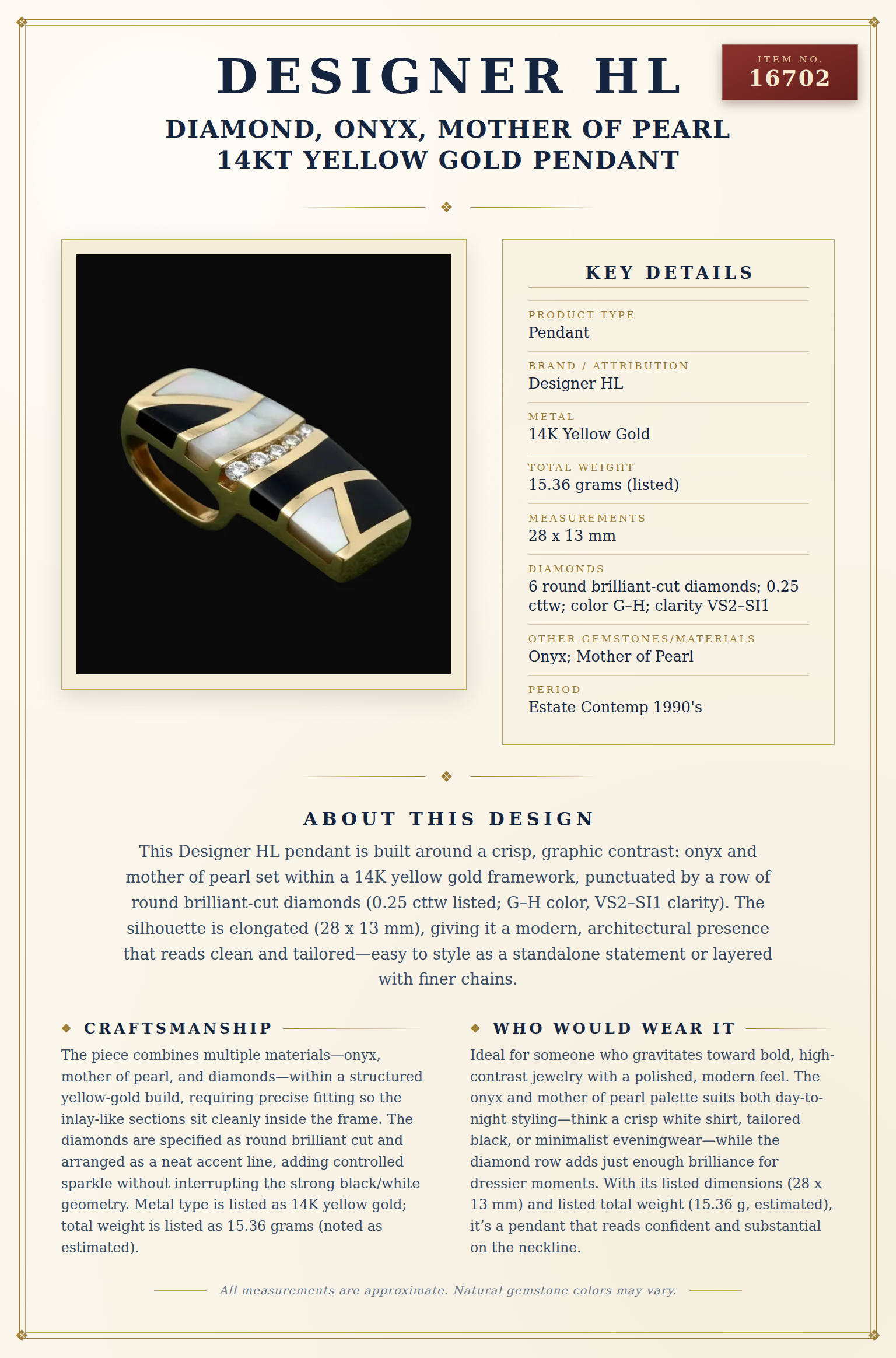 Designer HL Diamond, Onyx, Mother of Pearl 14Kt Yellow Gold Pendant — anatomy card