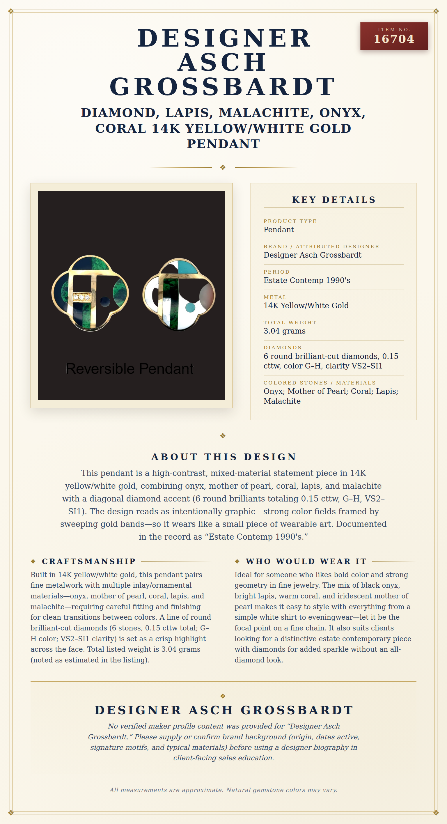 Designer Asch Grossbardt Diamond, Lapis, Malachite, Onyx, Coral  14K Yellow/White Gold Pendant — anatomy card