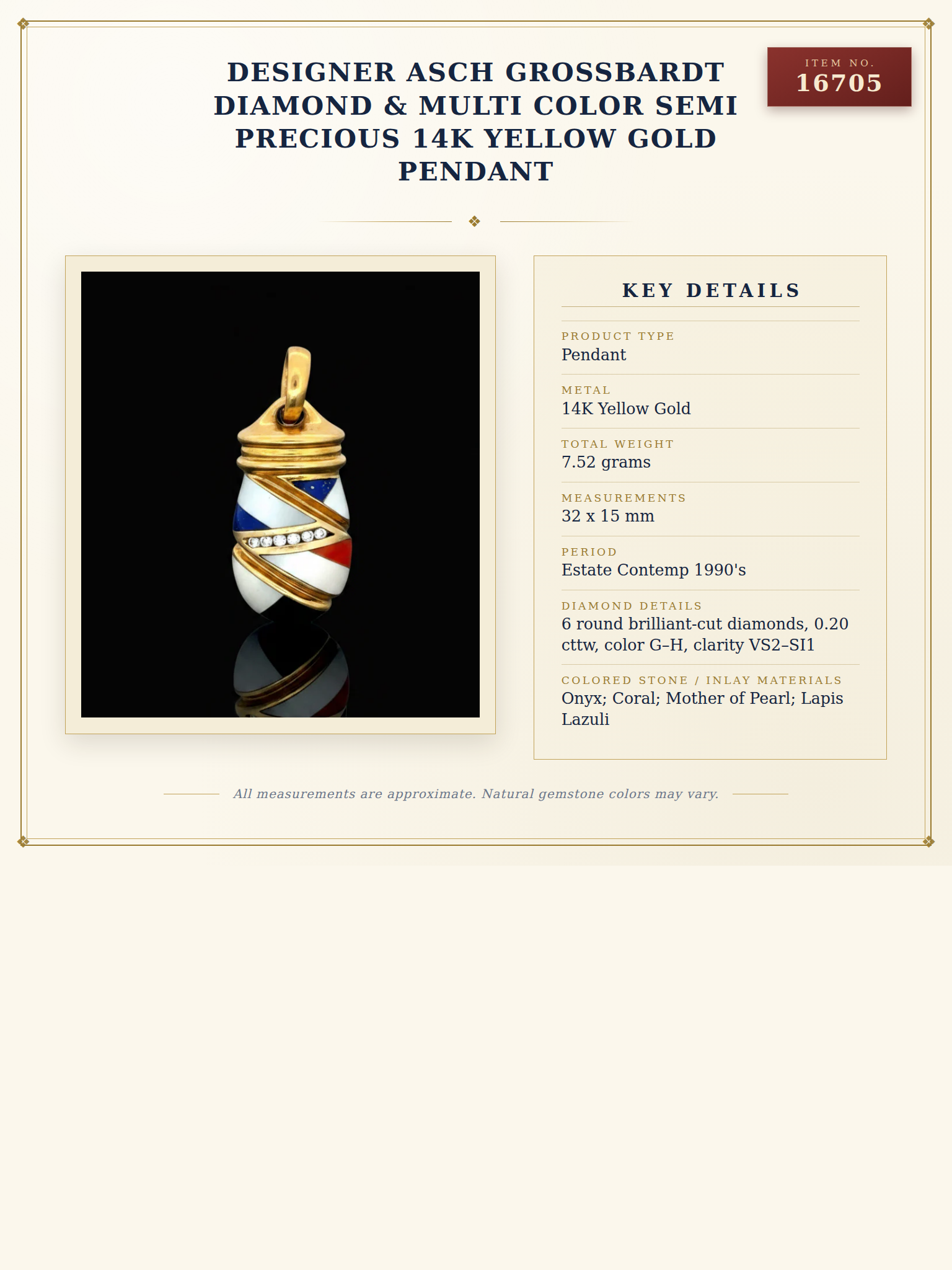 Designer Asch Grossbardt Diamond & Multi Color Semi Precious 14K Yellow Gold Pendant — anatomy card
