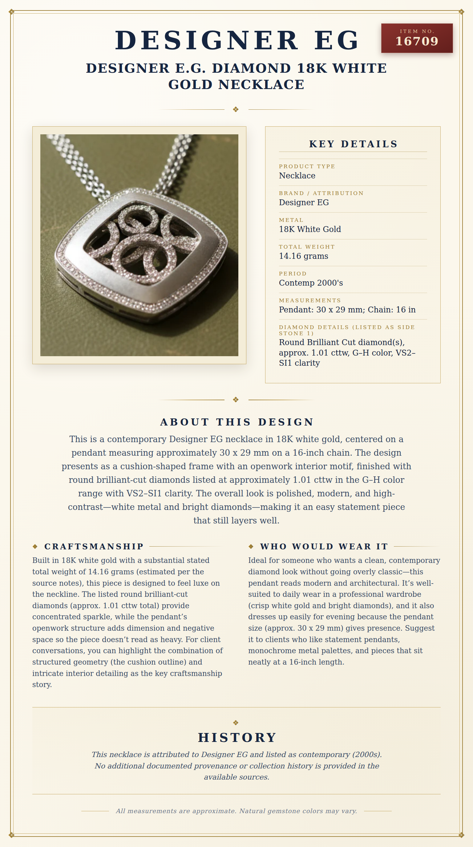 Designer E.G. Diamond 18K White Gold Necklace — anatomy card