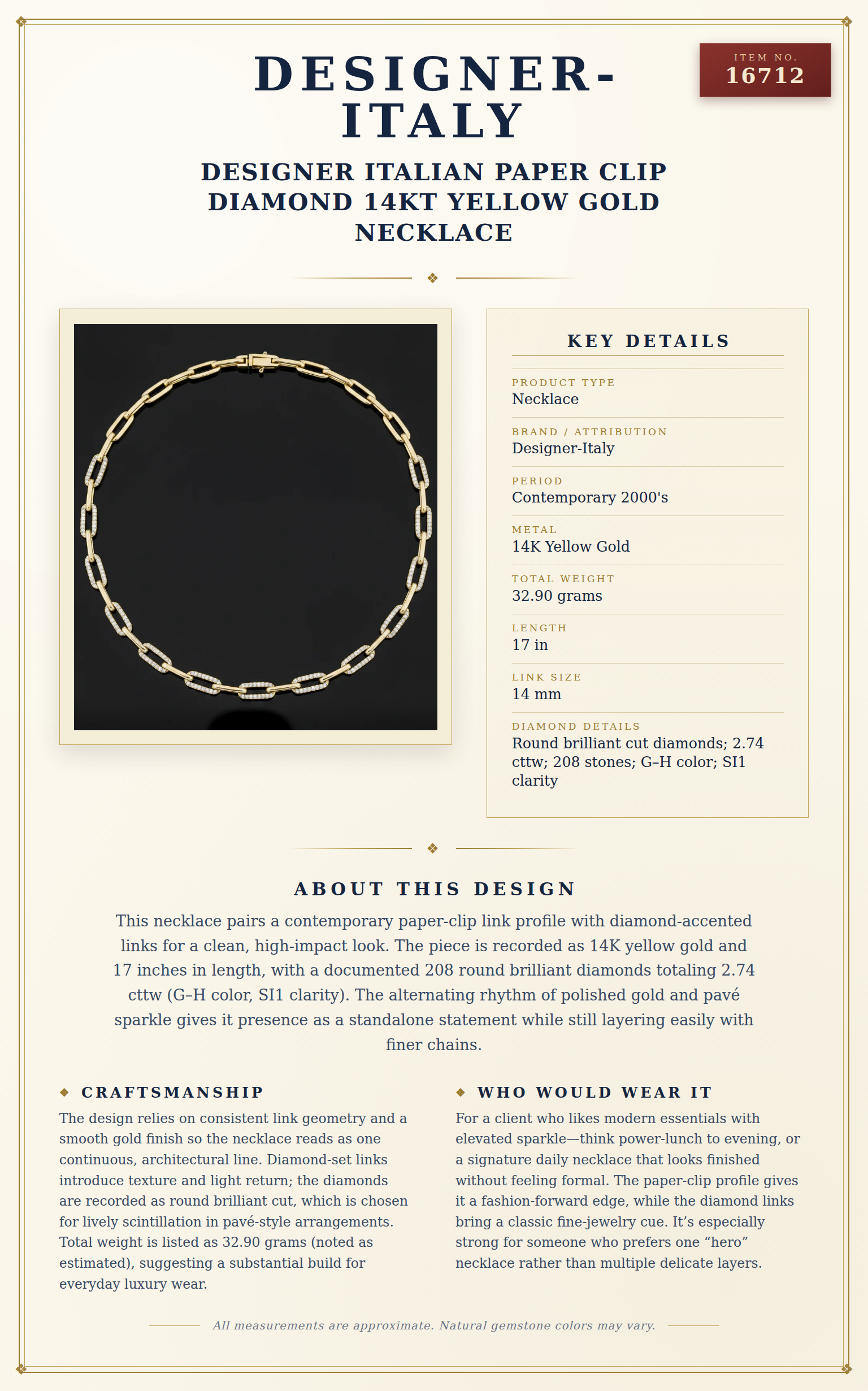 Designer Italian Paper Clip Diamond 14Kt Yellow Gold Necklace — anatomy card