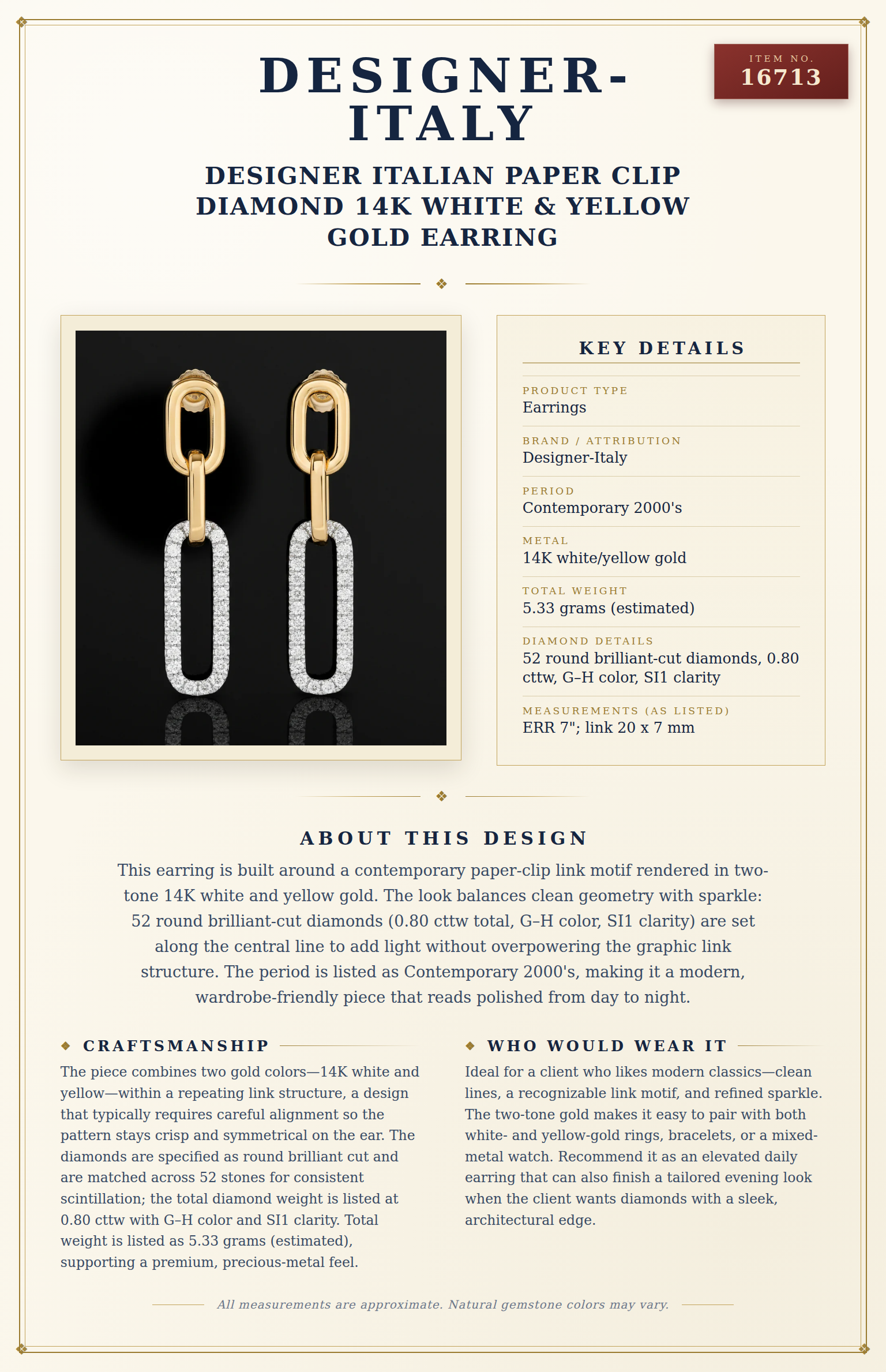 Designer Italian Paper Clip Diamond 14K White & Yellow Gold Earring — anatomy card