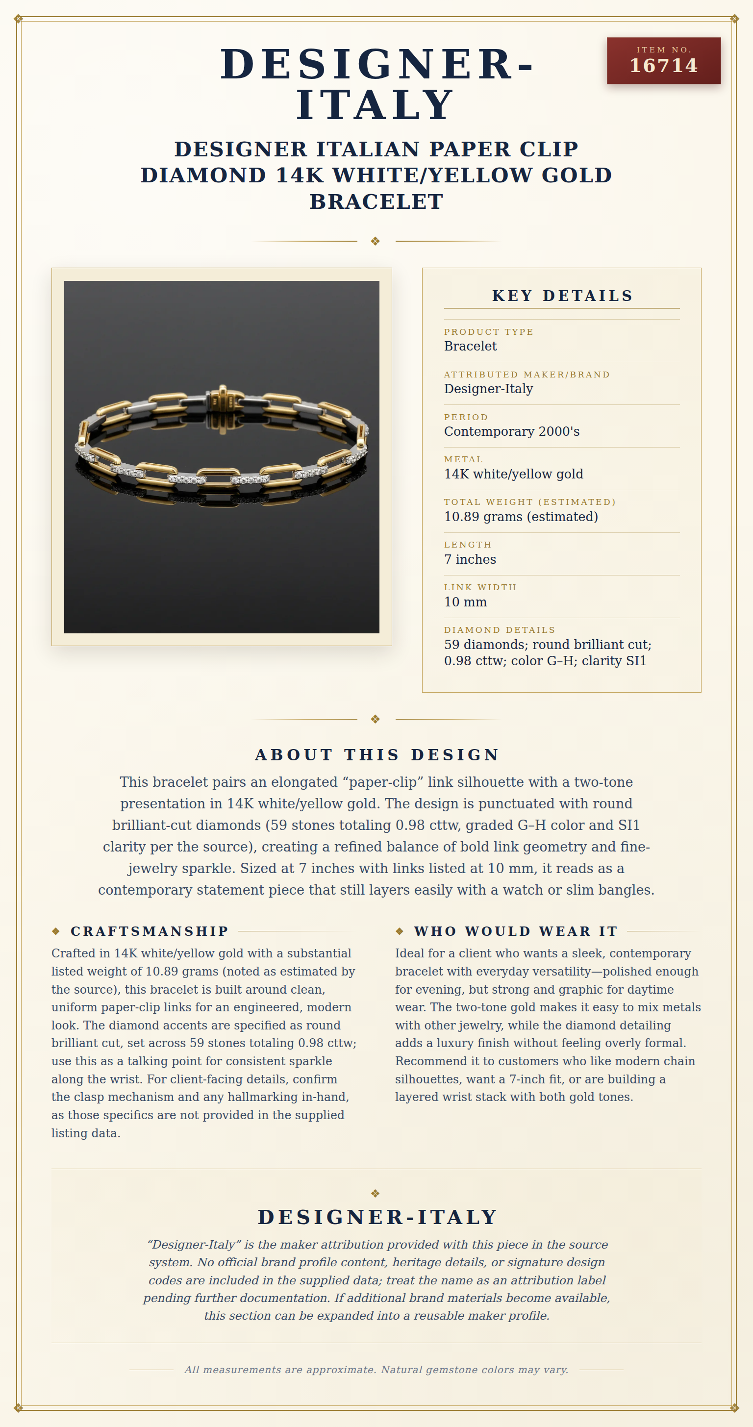Designer Italian Paper Clip Diamond 14K White/Yellow Gold Bracelet — anatomy card