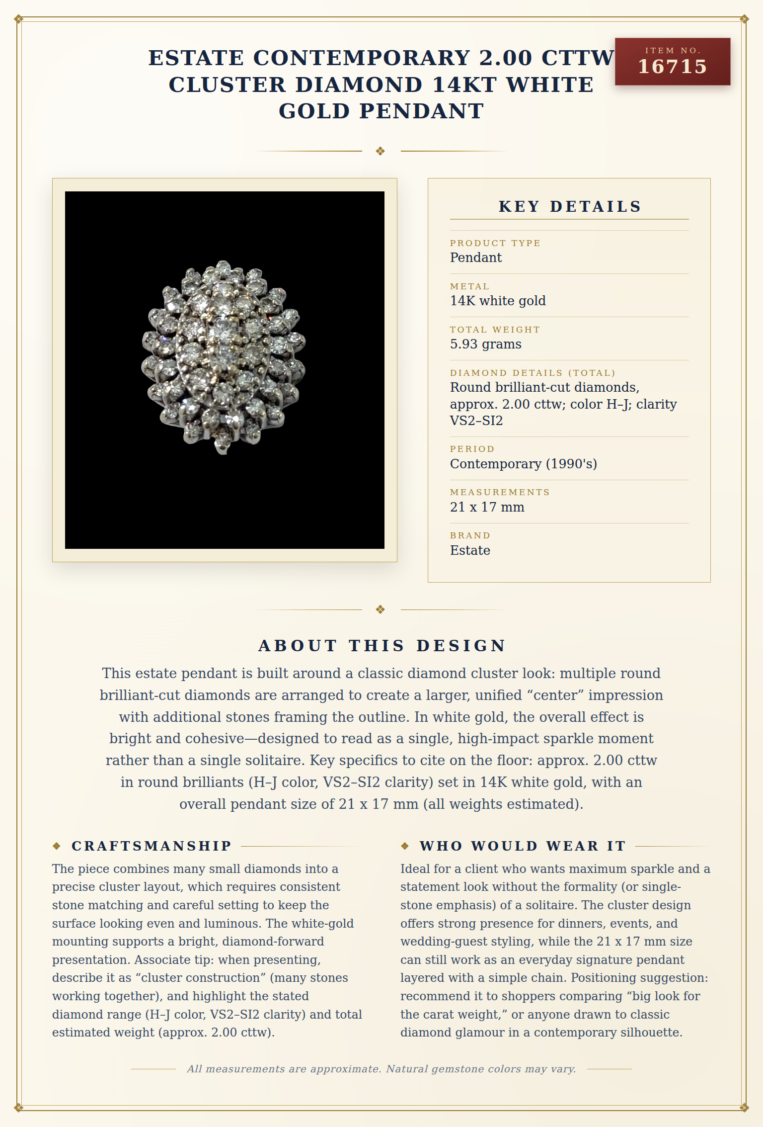Estate Contemporary 2.00cttw Cluster Diamond 14Kt White Gold Pendant — anatomy card