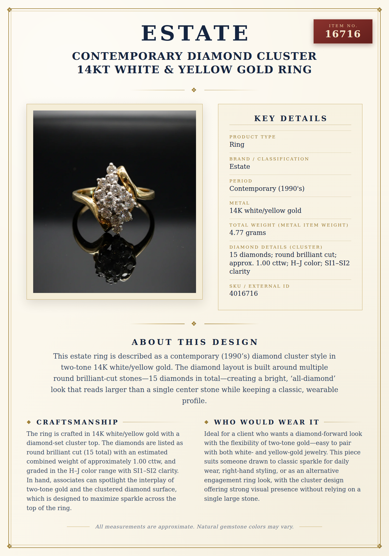 Estate Contemporary Diamond Cluster 14Kt White & Yellow Gold Ring — anatomy card