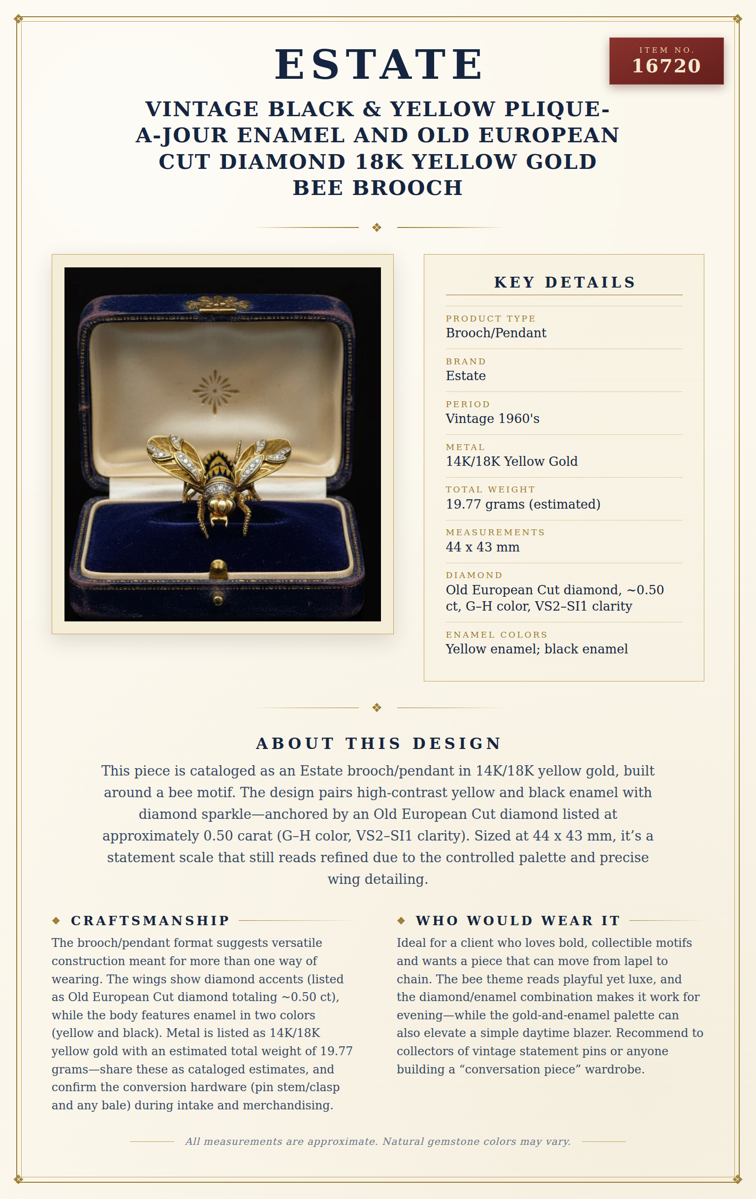 Vintage Black & Yellow Plique-A-Jour Enamel and Old European Cut Diamond 18K Yellow Gold Bee Brooch — anatomy card