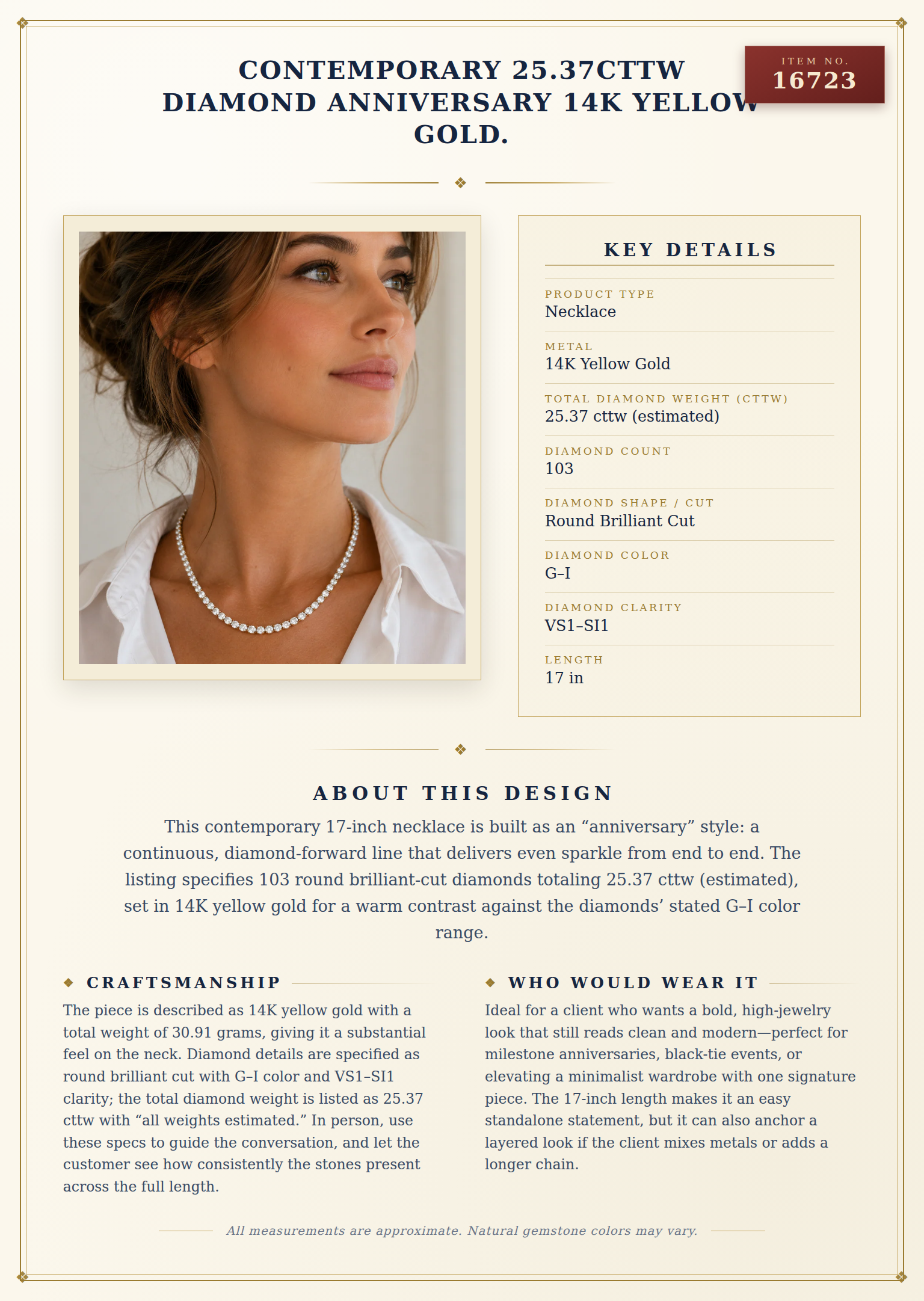 Designer Marchisio Contemporary 25.37cttw Diamond Anniversary 14K Yellow Gold Necklace — anatomy card