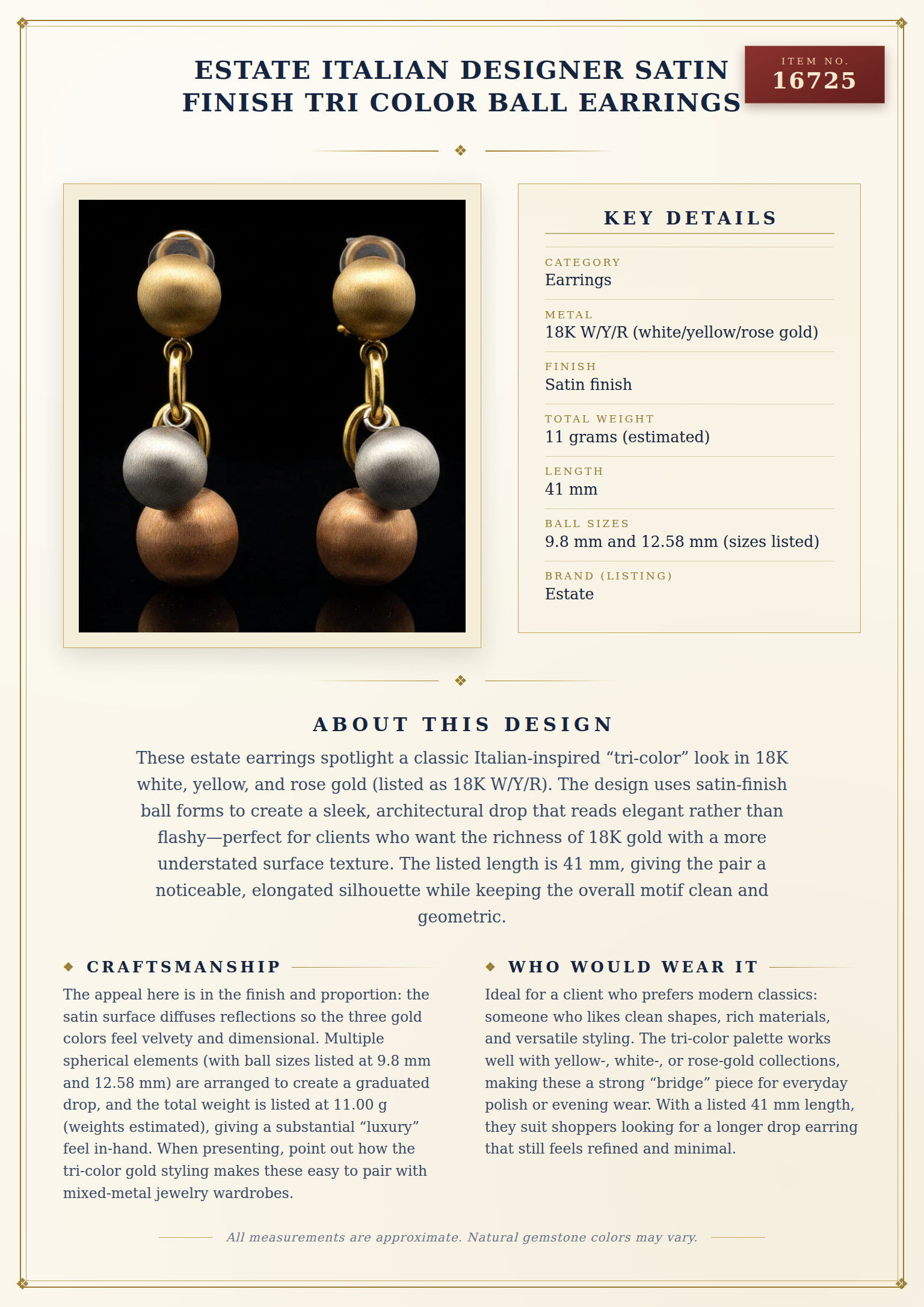 Estate Italian Designer Satin Finish Tri Color Ball Earrings — anatomy card