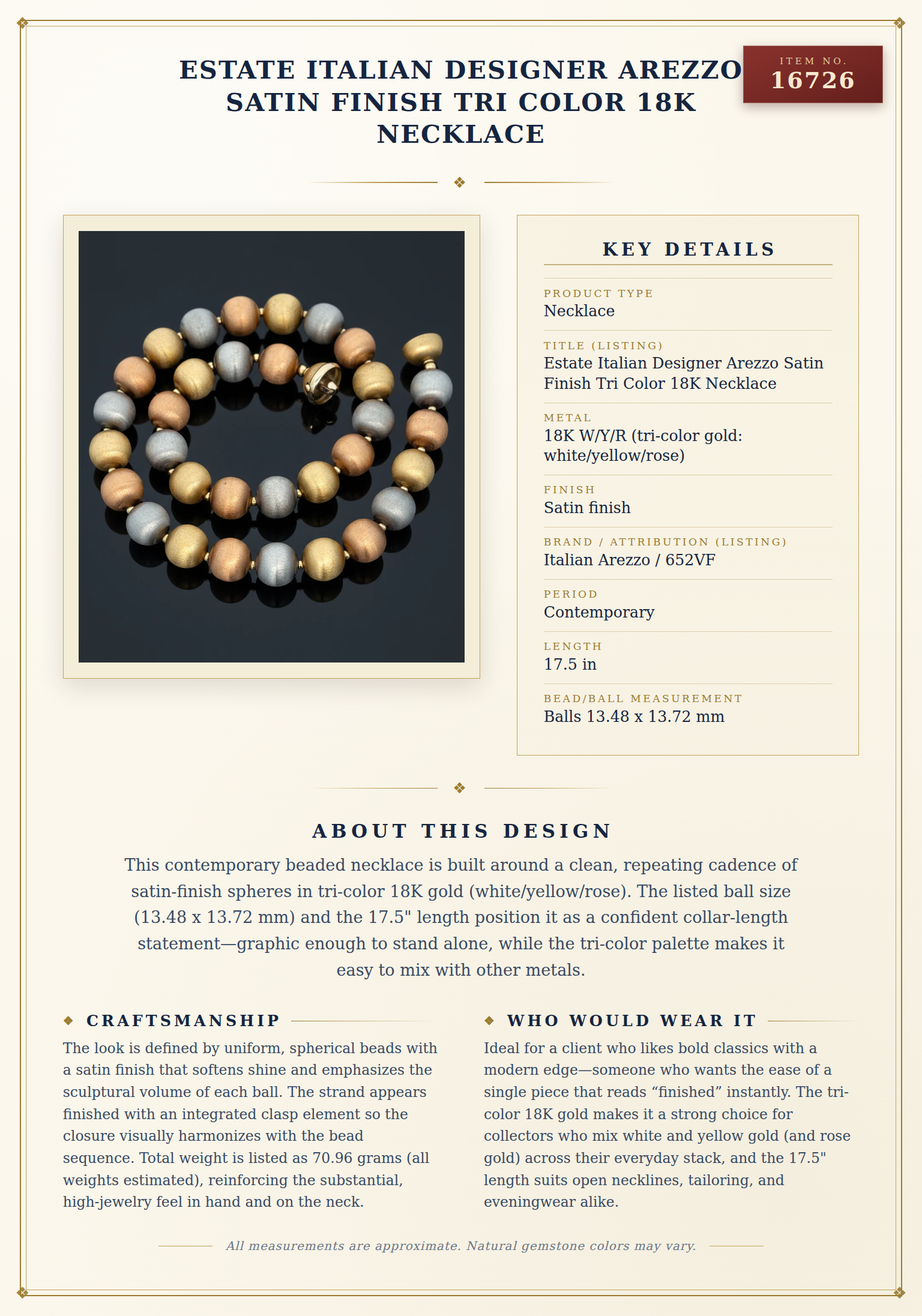 Estate Italian Designer Arezzo Satin Finish Tri Color 18K Necklace — anatomy card