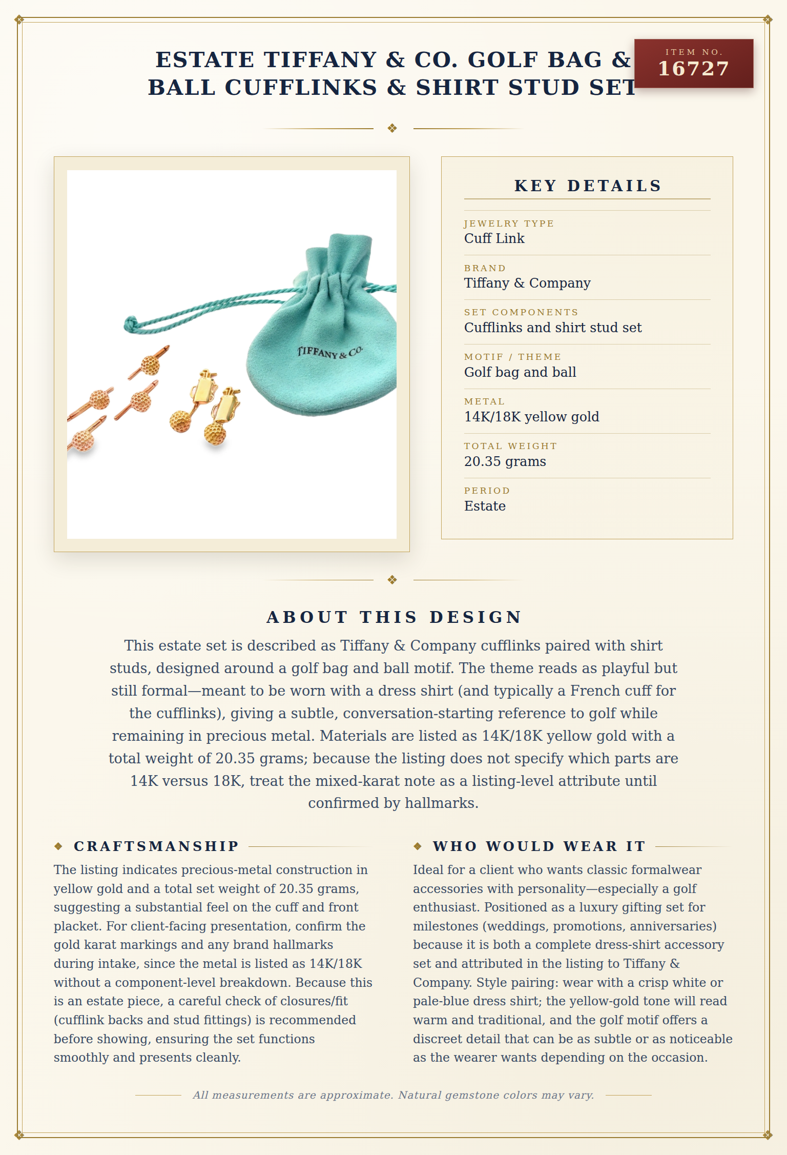 Estate Tiffany & Co. Golf Bag & Ball Cufflinks & Shirt Stud Set — anatomy card