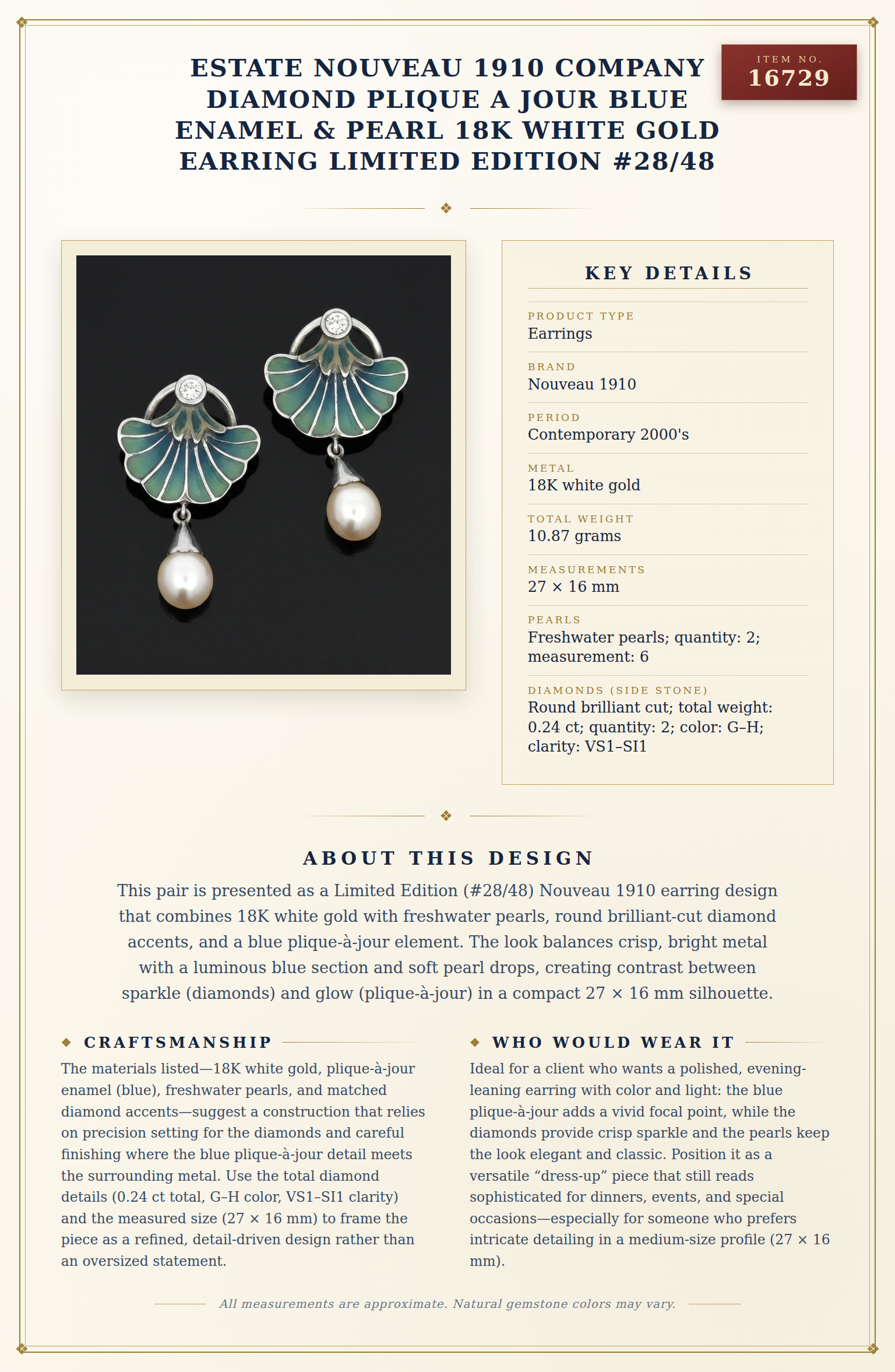 Estate Nouveau 1910 Company Diamond Plique A Jour Blue Enamel & Pearl 18K White Gold Earring Limited Edition #28/48 — anatomy card