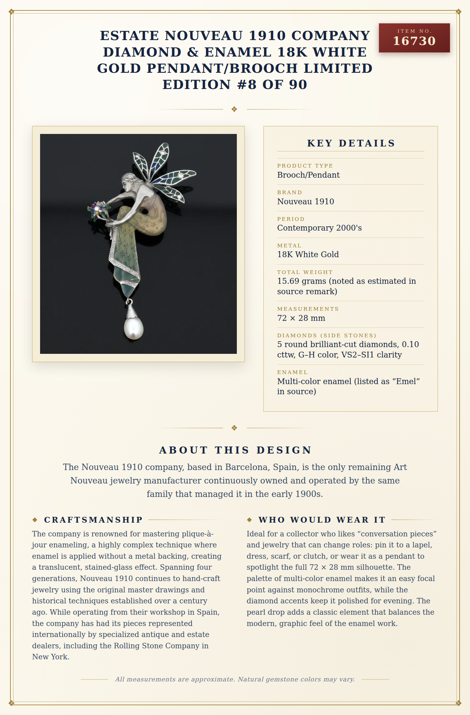 Estate Nouveau 1910 Company Diamond & Enamel 18K White Gold Pendant/Brooch Limited Edition #8 of 90 — anatomy card