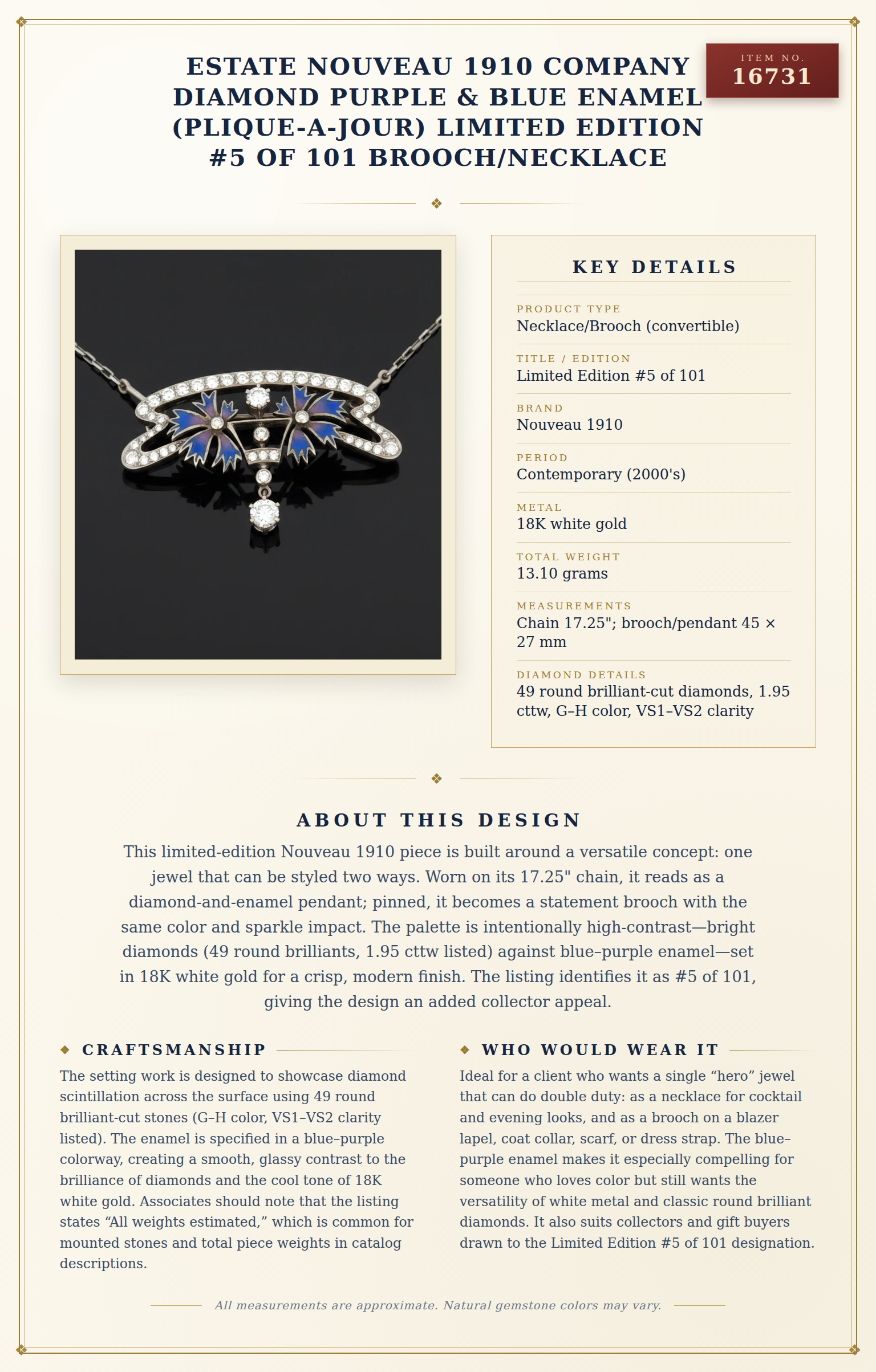 Estate Nouveau 1910 Company Diamond Purple & Blue Enamel (Plique-A-Jour) Limited Edition #5 of 101 Brooch/Necklace — anatomy card