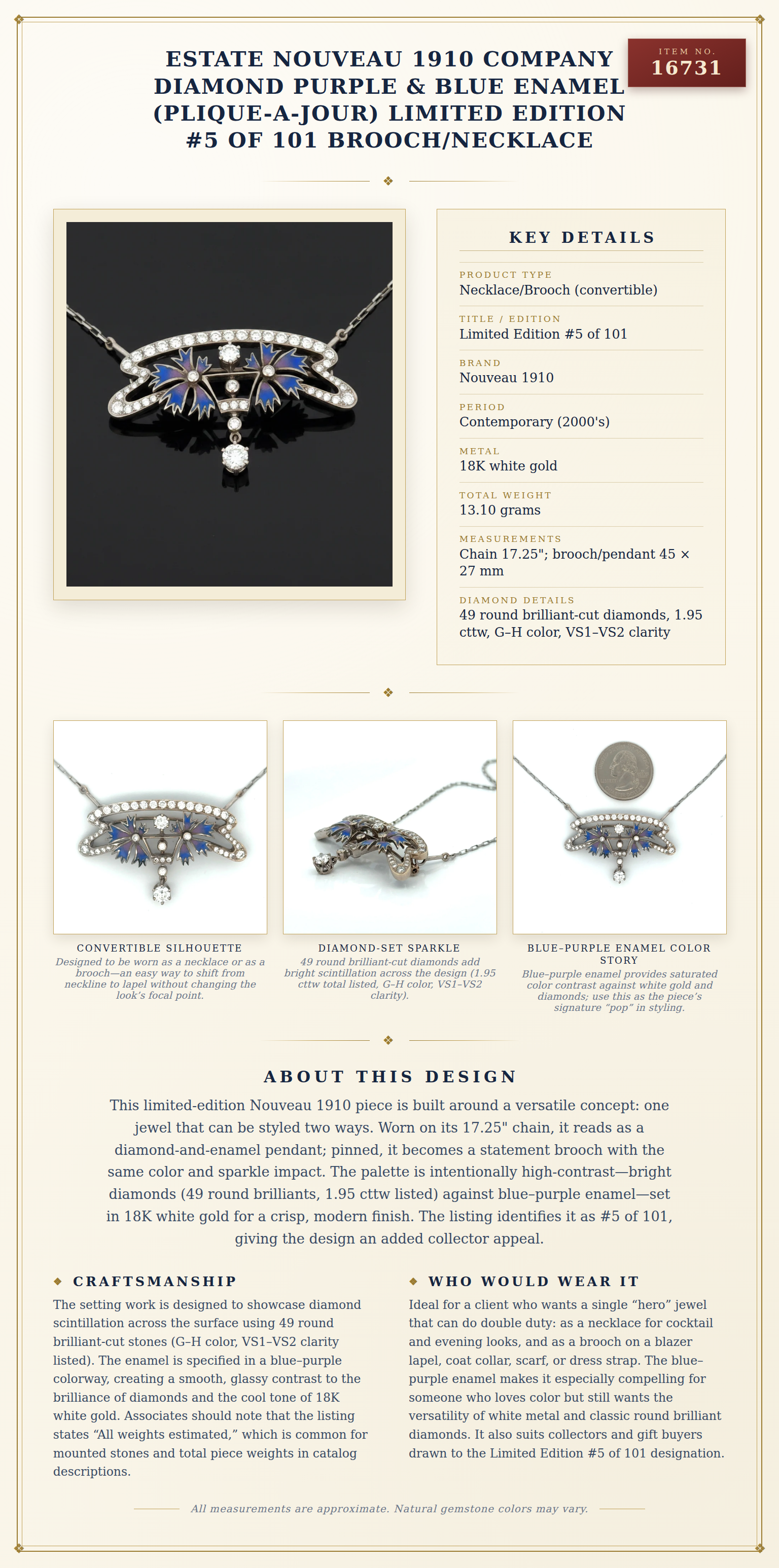 Estate Nouveau 1910 Company Diamond Purple & Blue Enamel (Plique-A-Jour) Limited Edition #5 of 101 Brooch/Necklace — anatomy card