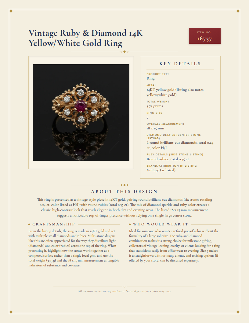 Vintage Ruby & Diamond 14K Yellow/White Gold Ring — anatomy card