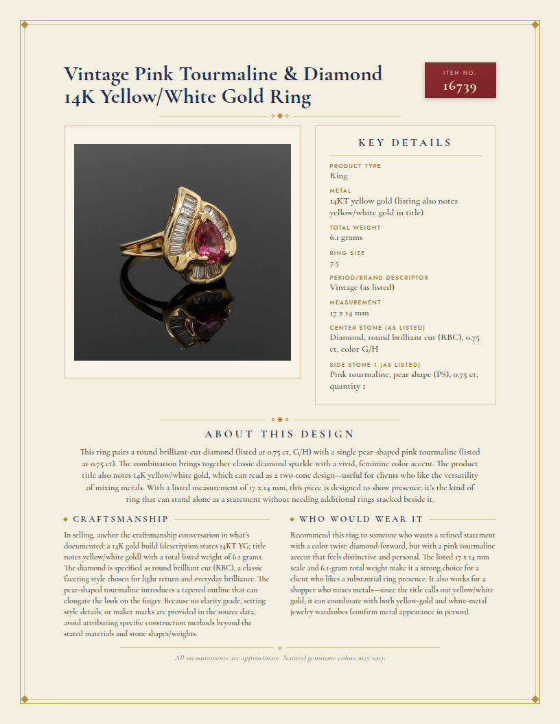 Vintage Pink Tourmaline & Diamond 14K Yellow/White Gold Ring — anatomy card