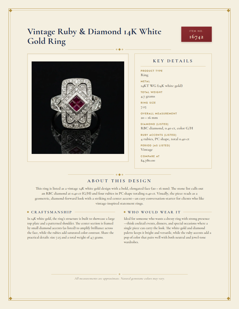 Vintage Ruby & Diamond 14K White Gold Ring — anatomy card