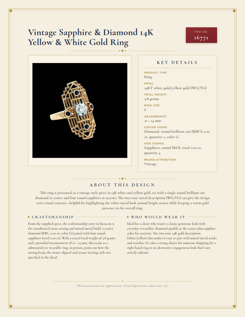 Vintage Sapphire & Diamond 14K Yellow & White Gold Ring — anatomy card