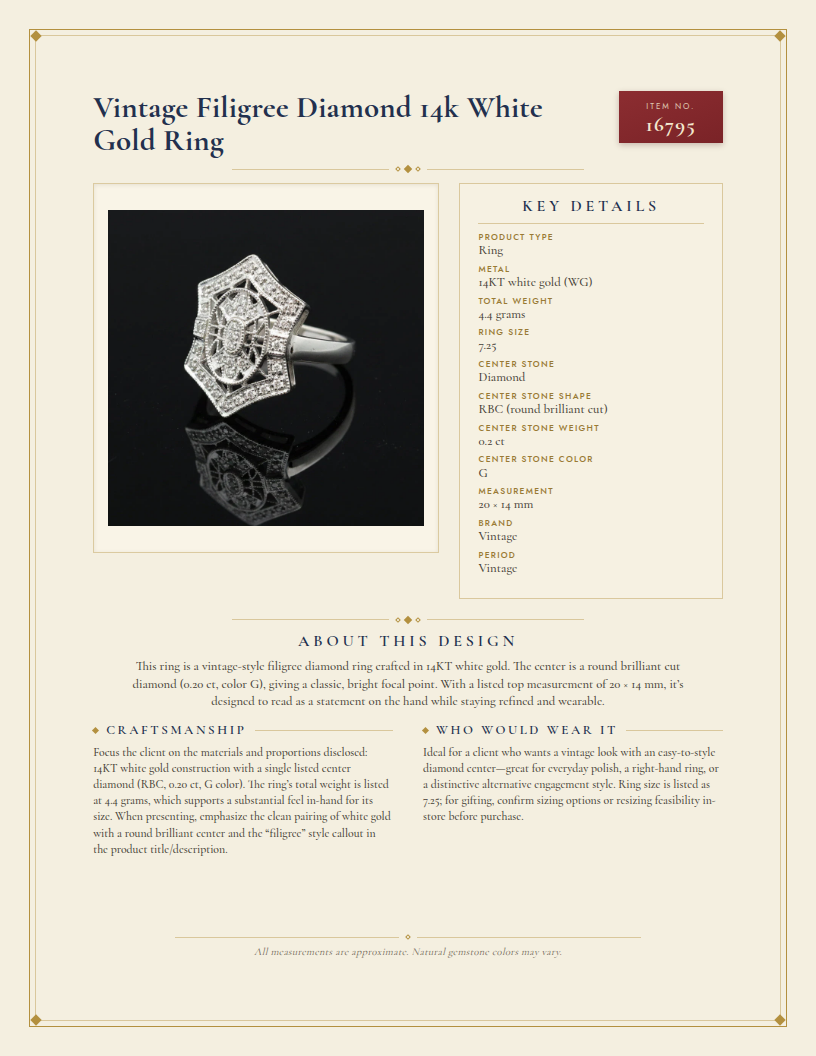 Vintage Filigree Diamond 14k White Gold Ring — anatomy card