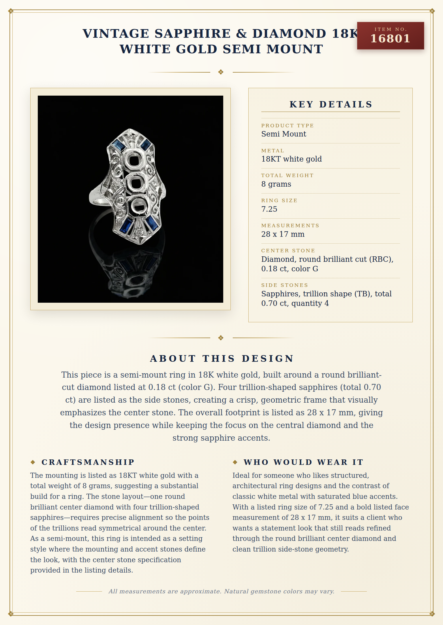 Vintage Sapphire & Diamond 18K White Gold Semi mount — anatomy card