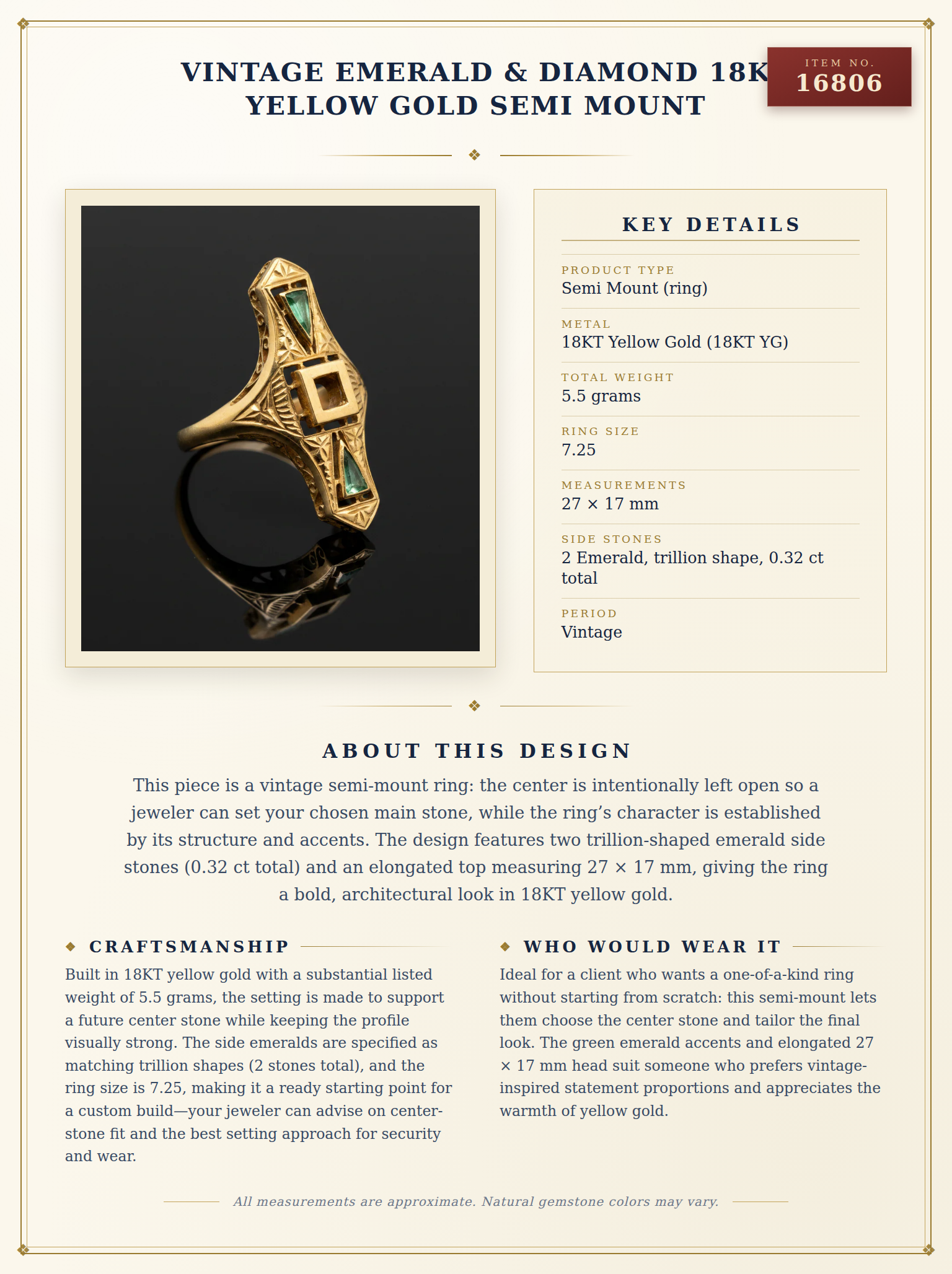 Vintage Emerald & Diamond 18K  Yellow Gold Semi mount — anatomy card