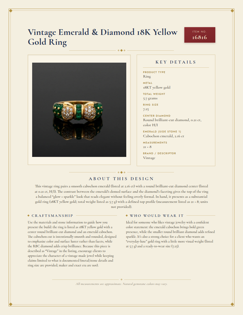 Vintage Emerald & Diamond 18K Yellow Gold Ring — anatomy card