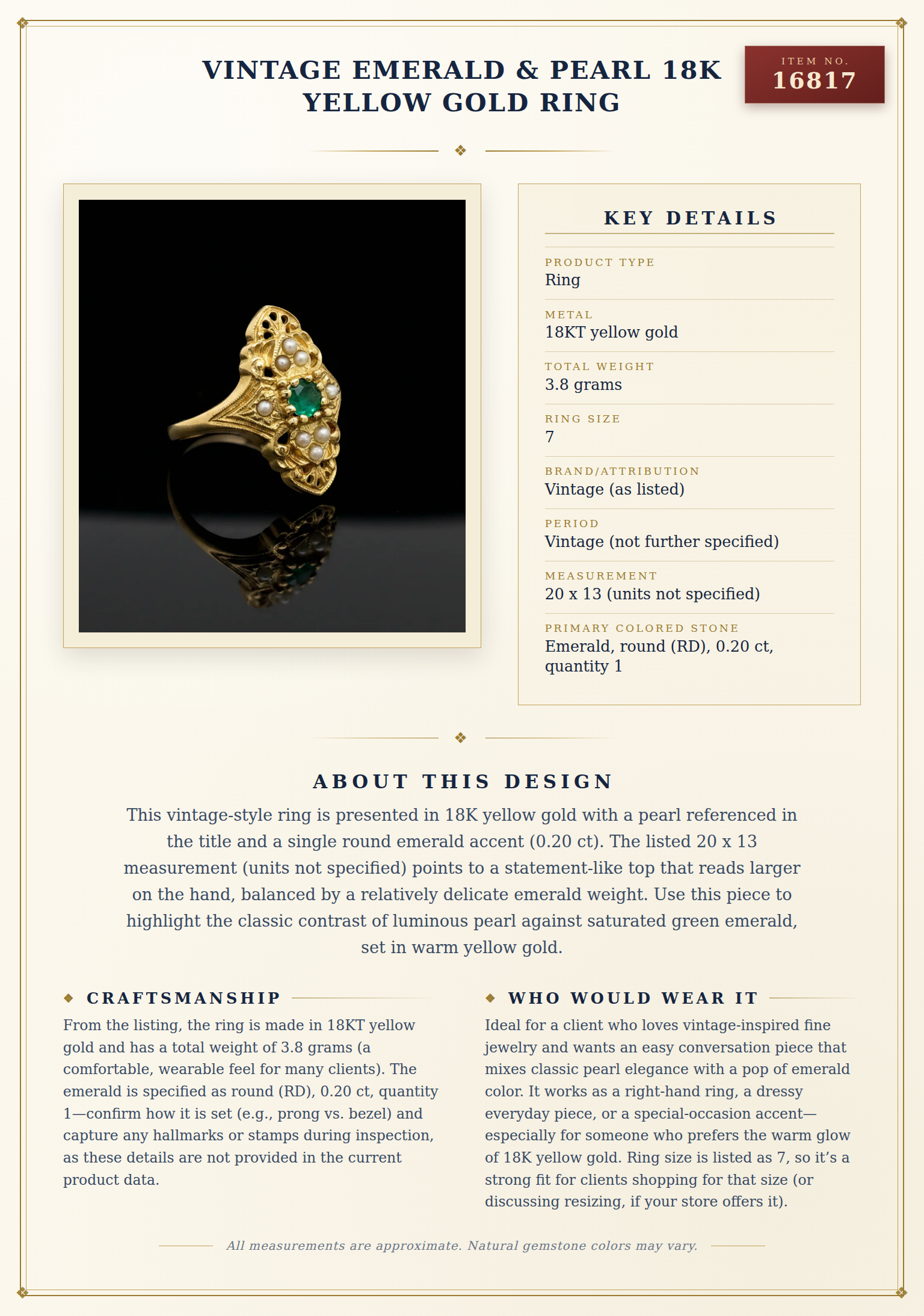 Vintage Emerald & Pearl 18K Yellow Gold Ring — anatomy card