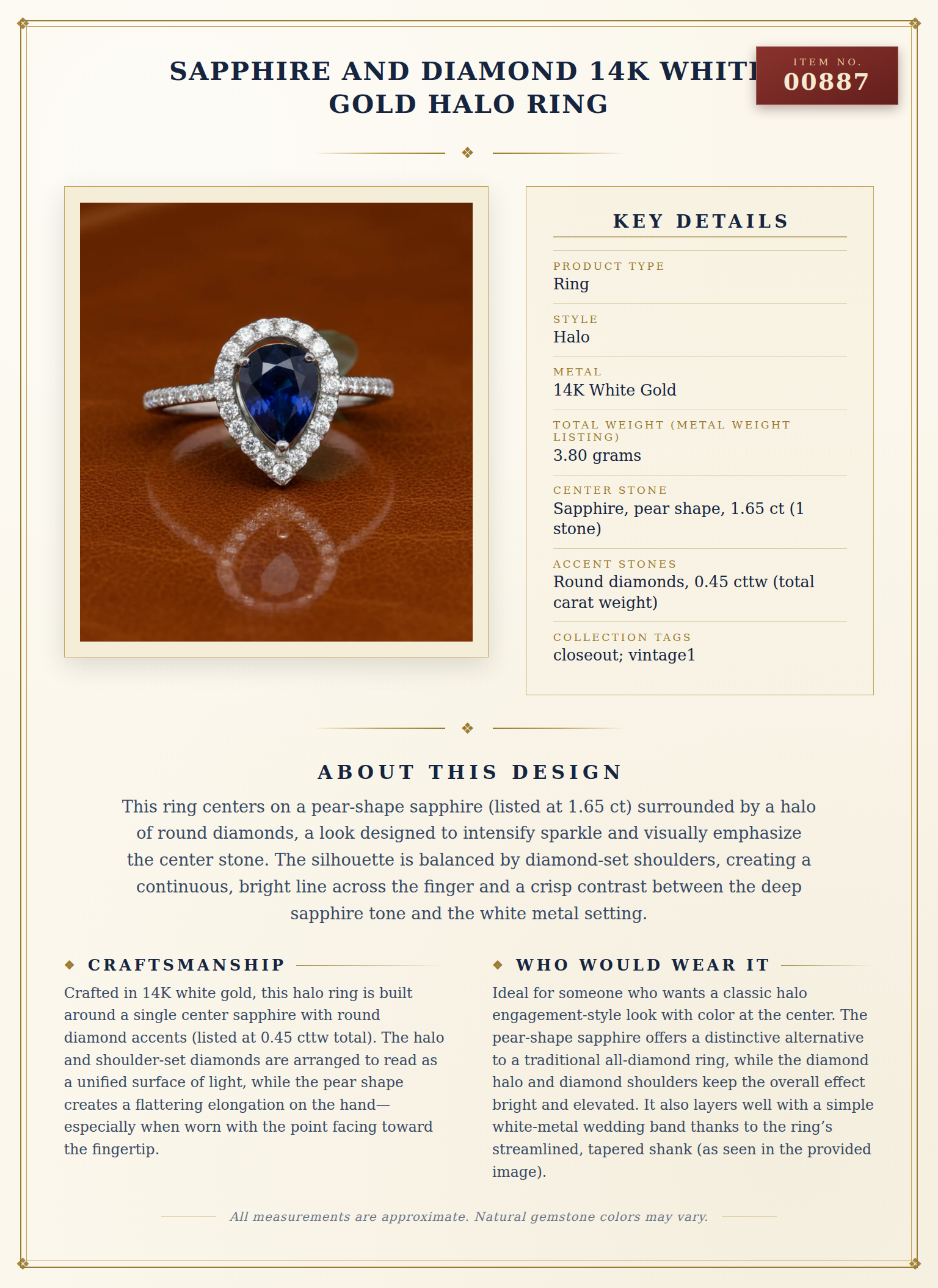 Sapphire and Diamond 14K White Gold Halo Ring — anatomy card
