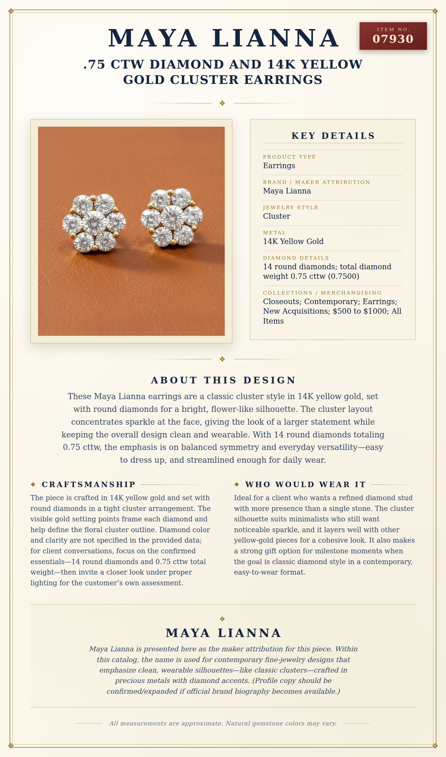 Maya Lianna .75 ctw Diamond and 14K Yellow Gold Cluster Earrings — anatomy card