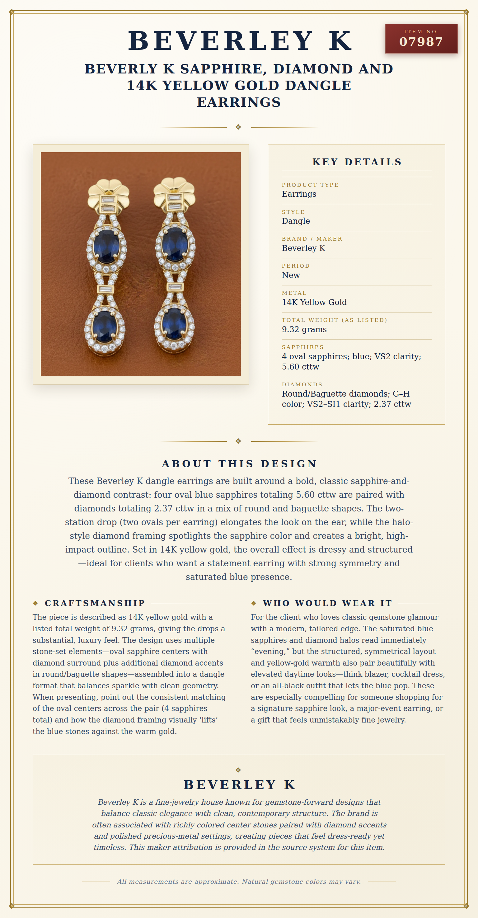 Beverly K Sapphire, Diamond and 14K Yellow Gold Dangle Earrings — anatomy card