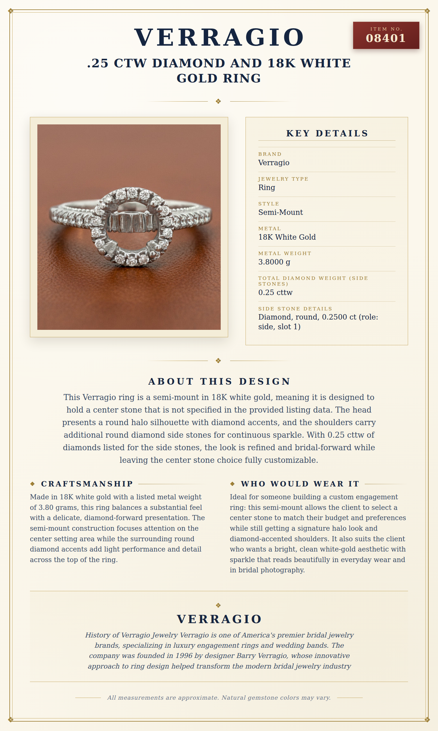 Verragio .25 ctw Diamond and 18K White Gold Ring — anatomy card