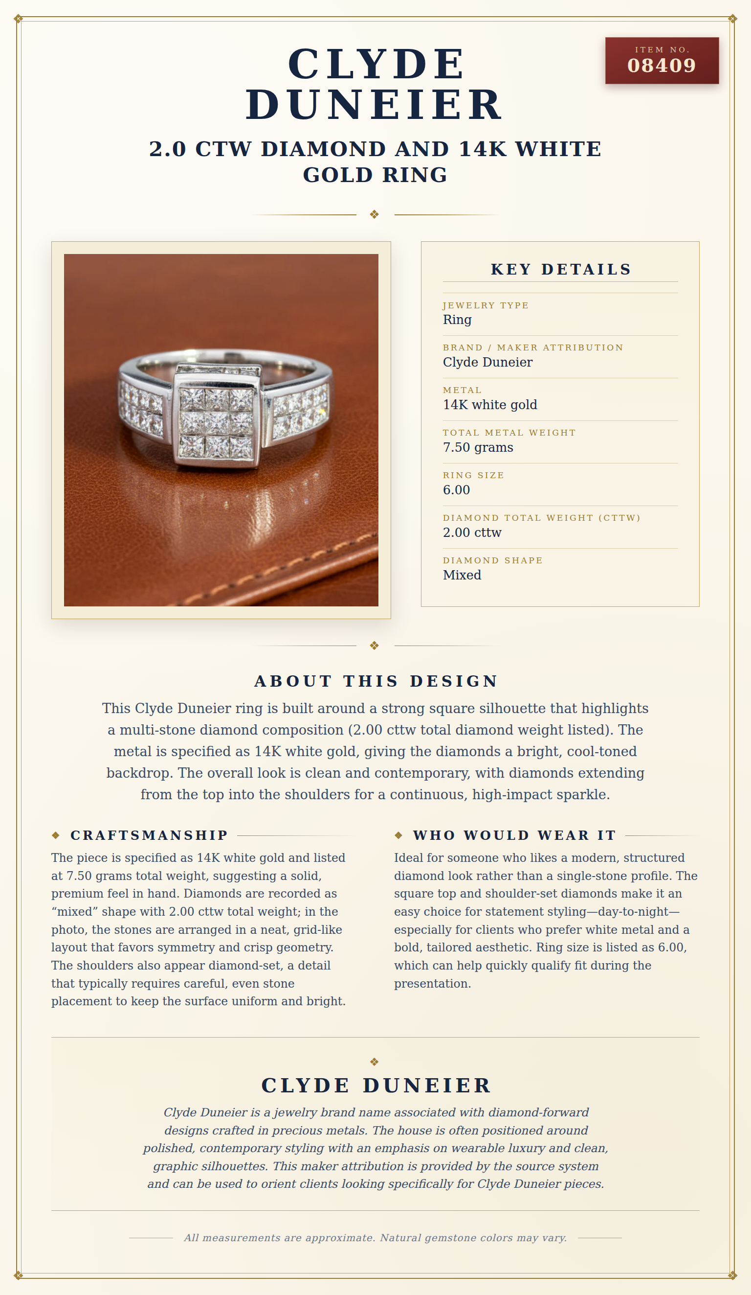Clyde Duneier 2.0 ctw Diamond and 14K White Gold Ring — anatomy card
