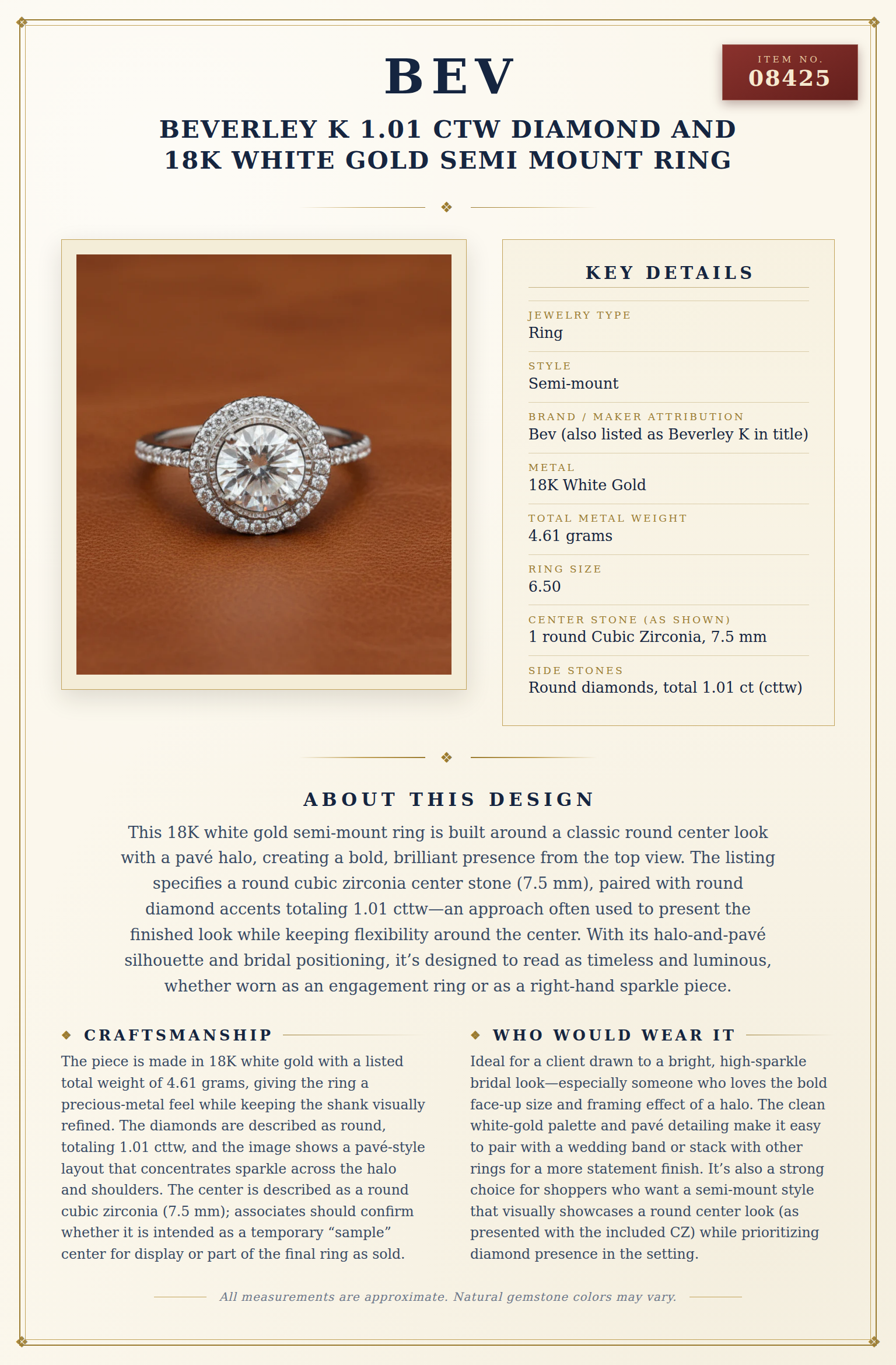 Beverley K 1.01 ctw Diamond and 18K White Gold Semi Mount Ring — anatomy card